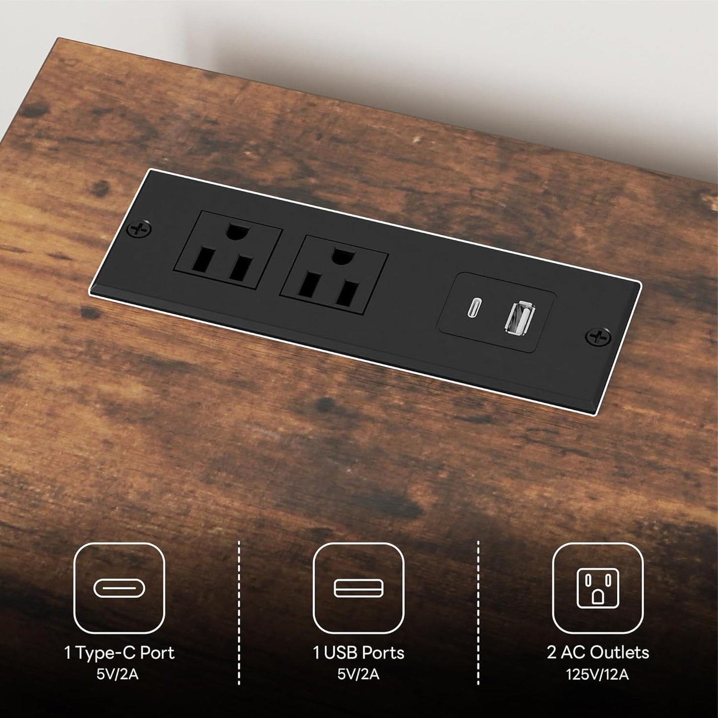 43" 5-Drawer Tall Dresser with Built-in Charging Station – Black & Walnut Wooden Storage Chest for Bedroom, Living Room, Office