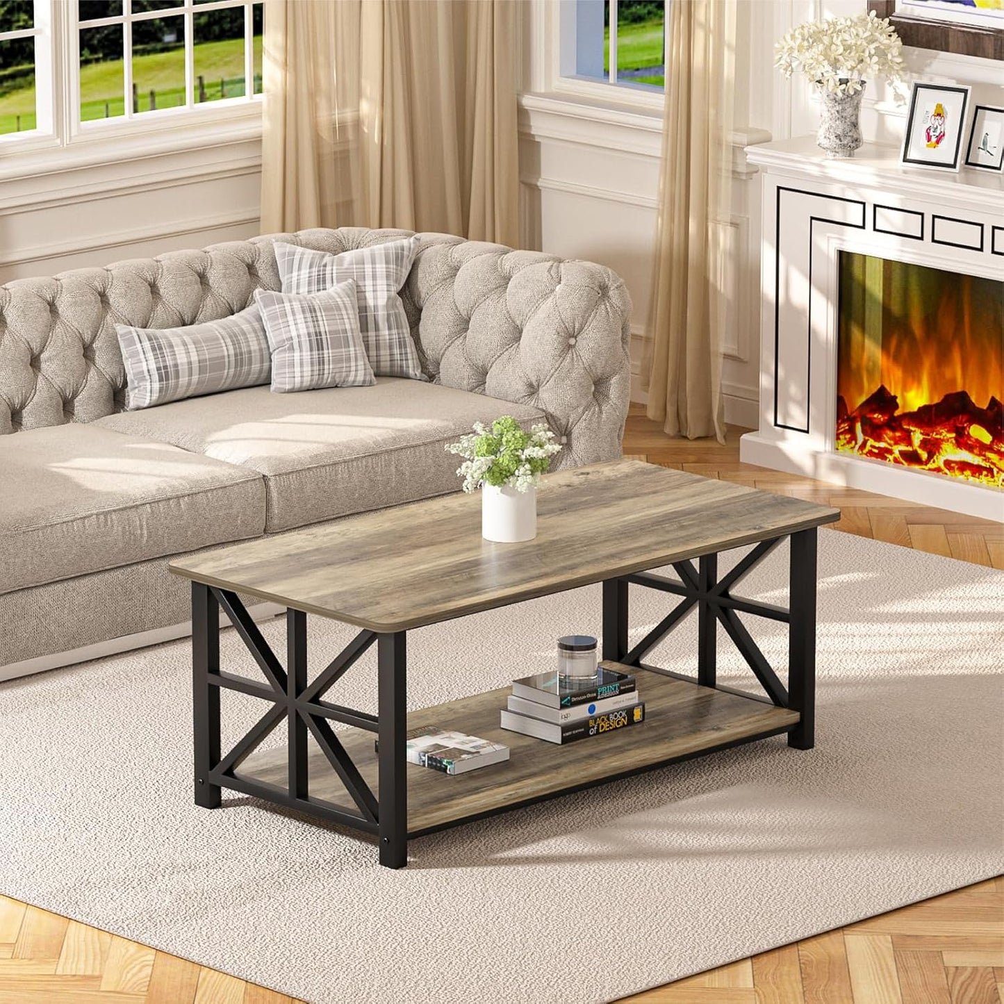 Farmhouse Coffee Table with Round Corners, Storage Shelf & Metal Frame, Gray Wash, 39"