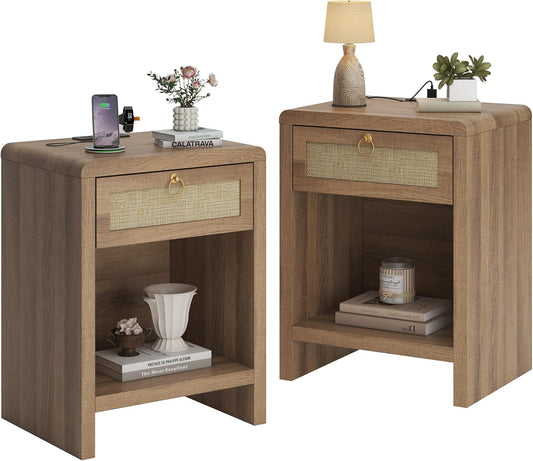 Rattan Nightstand Set of 2 with Charging Station – Boho Bedside Tables with Drawer & Storage Shelf, Natural Oak