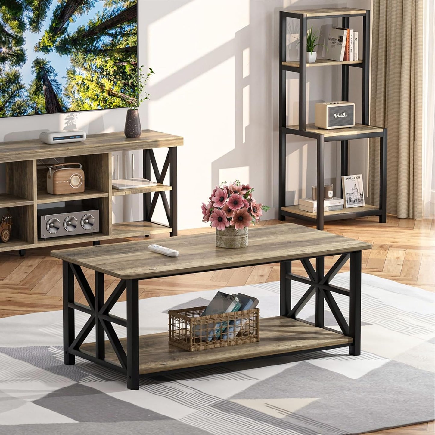 Farmhouse Coffee Table with Round Corners, Storage Shelf & Metal Frame, Gray Wash, 39"