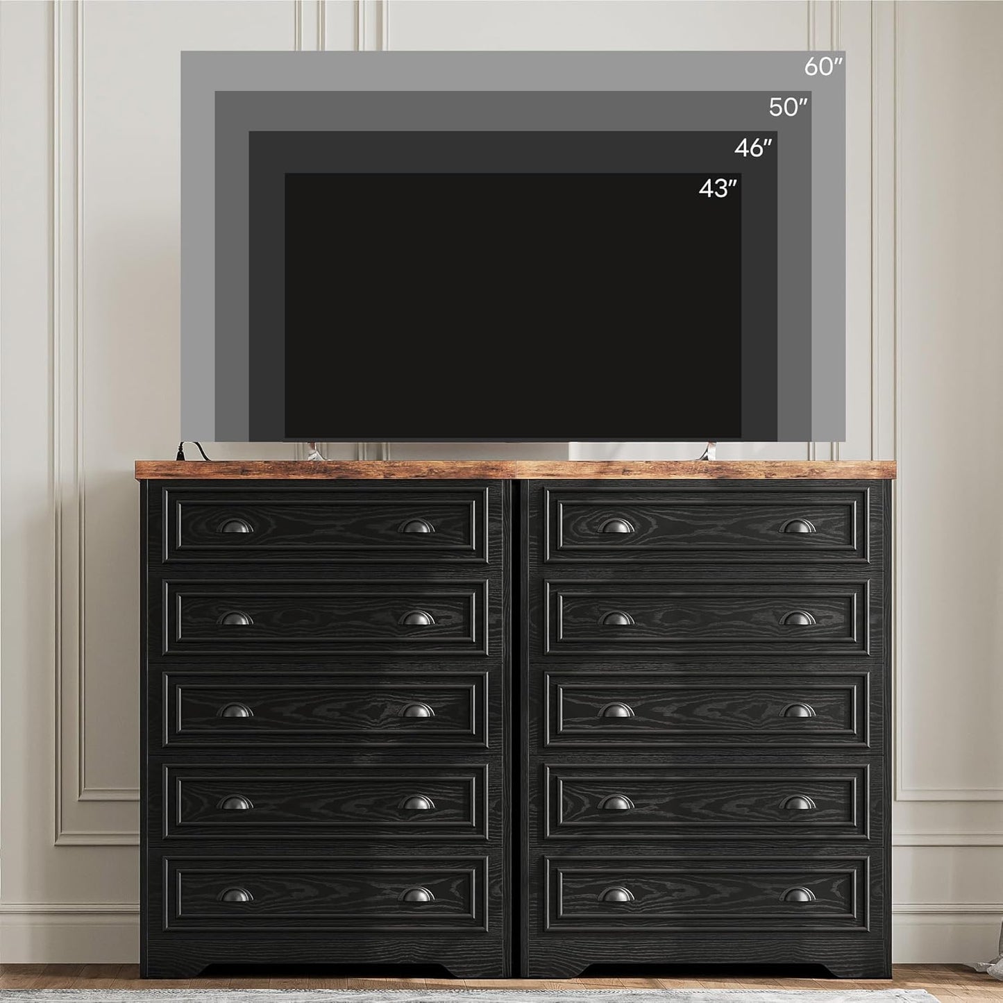 43" 5-Drawer Tall Dresser with Built-in Charging Station – Black & Walnut Wooden Storage Chest for Bedroom, Living Room, Office