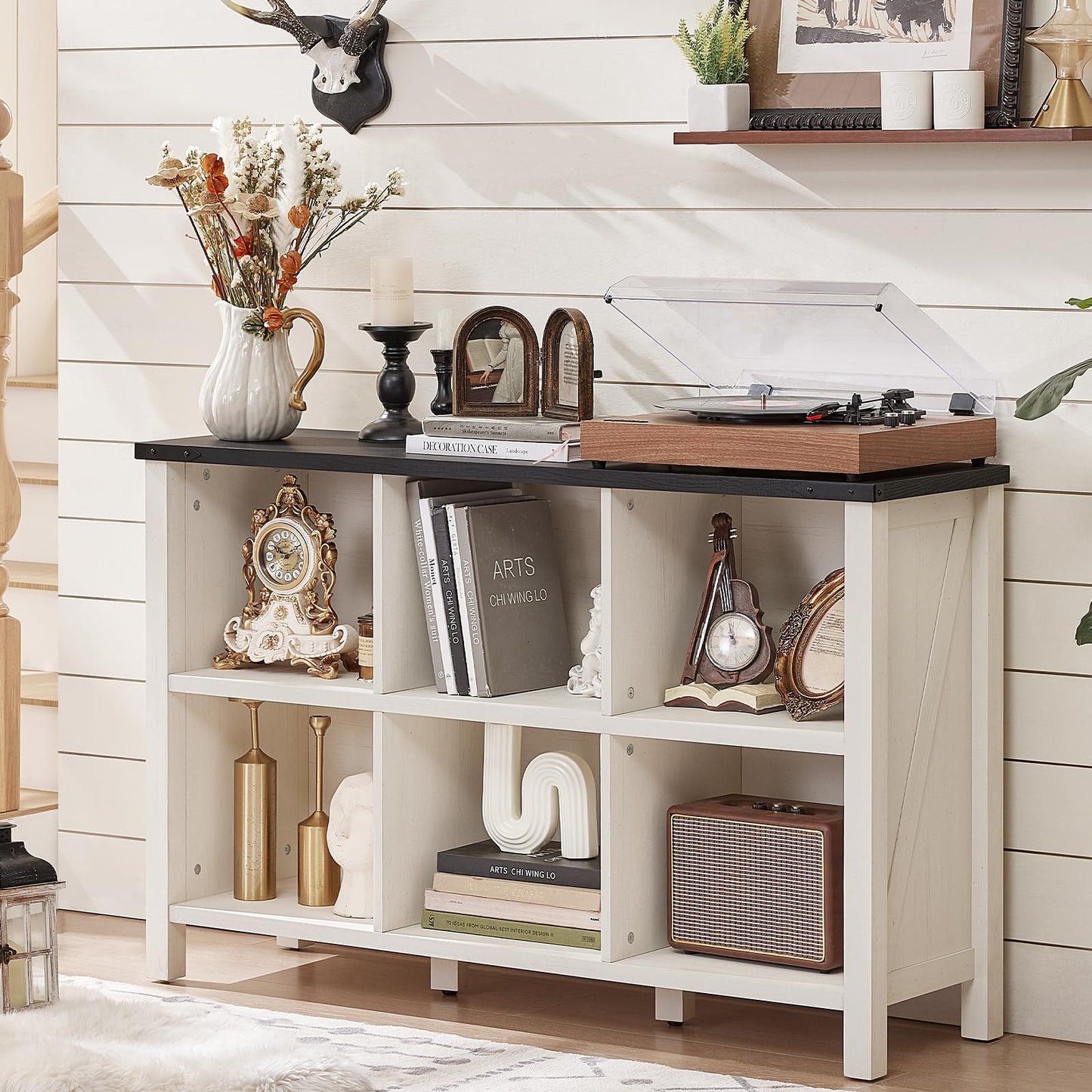 6-Cube Farmhouse Wood Low Storage Organizer – 47" Horizontal Navy Console Bookshelf with Legs