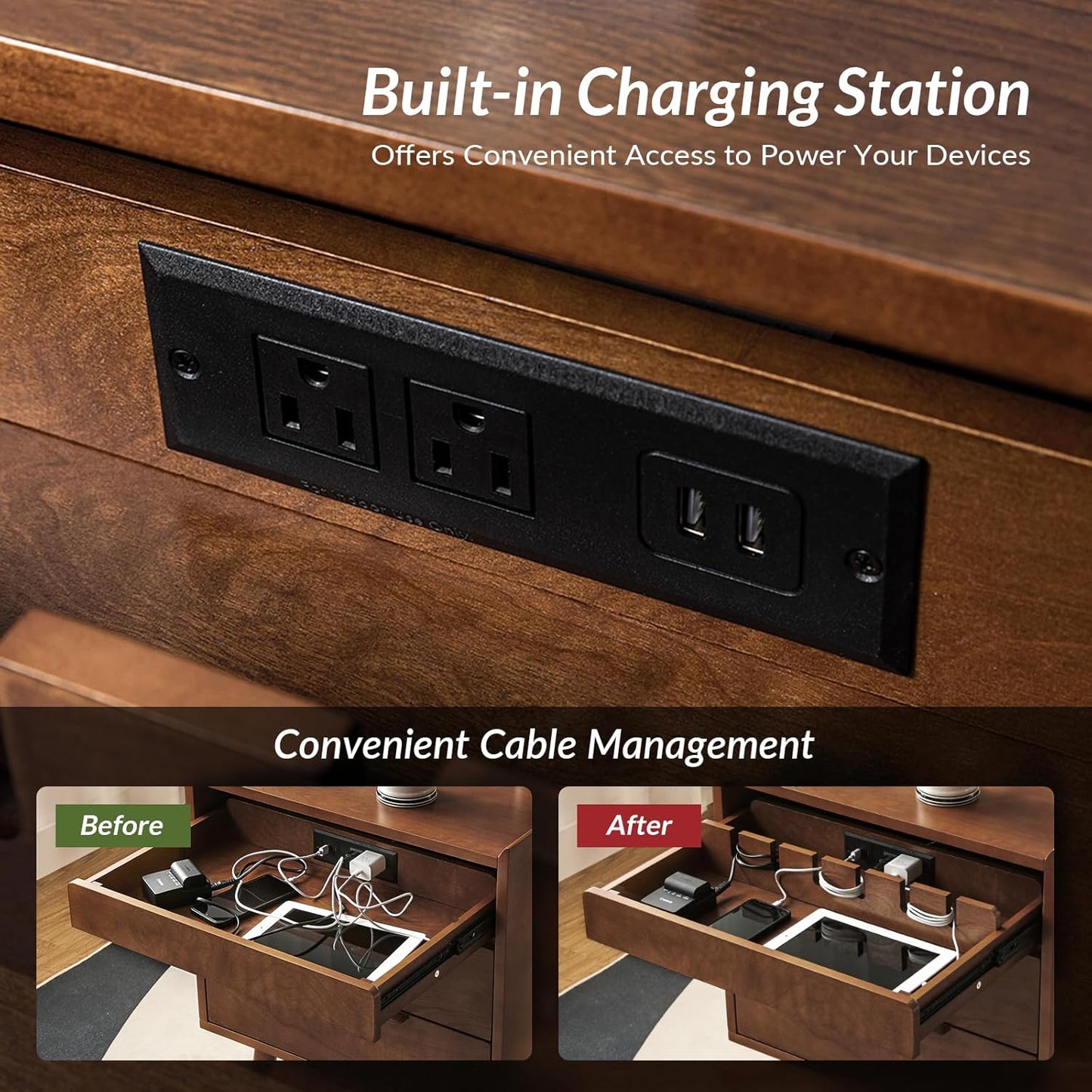 Mid-Century Modern Nightstand Set of 2 with Charging Station – 2-Drawer Wood Bedside Tables with Pull-Out Shelf, Walnut Finish