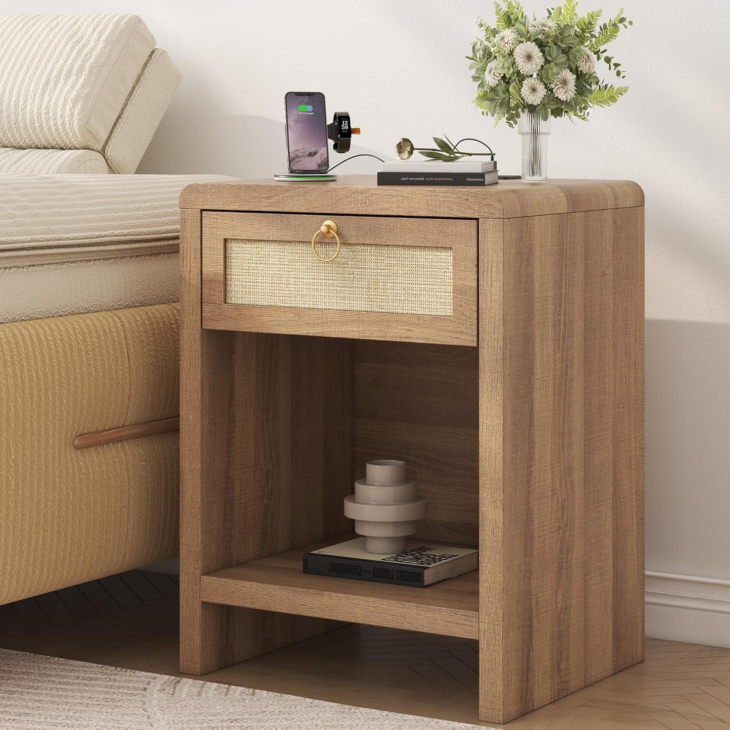 Rattan Nightstand Set of 2 with Charging Station – Boho Bedside Tables with Drawer & Storage Shelf, Natural Oak