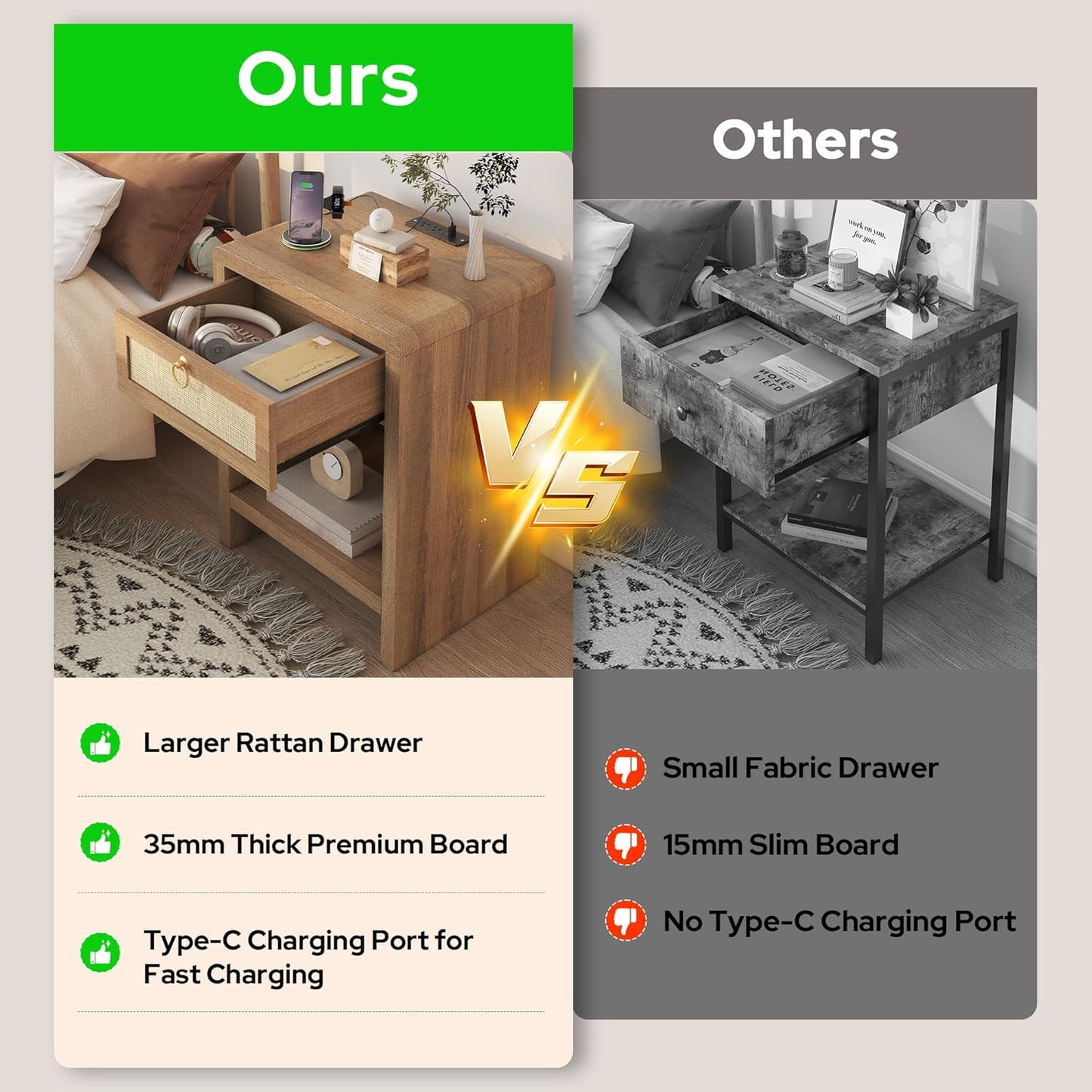 Rattan Nightstand Set of 2 with Charging Station – Boho Bedside Tables with Drawer & Storage Shelf, Natural Oak