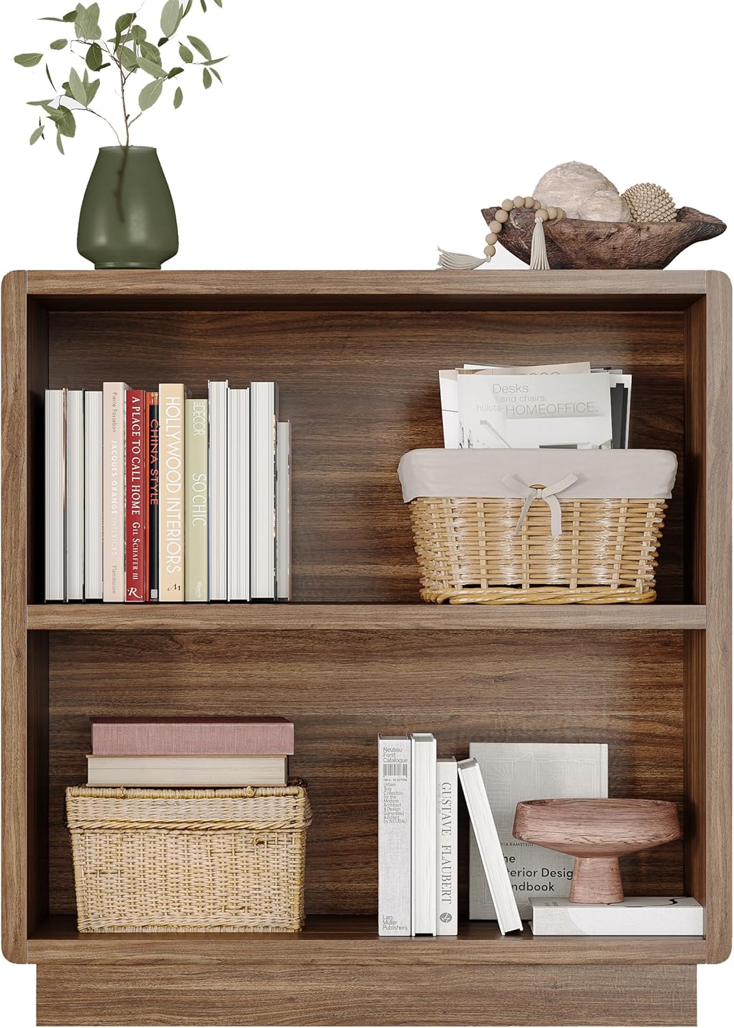 2-Tier Wooden Bookcase – Small Farmhouse Bookshelf with Open Storage, Brown Walnut Finish