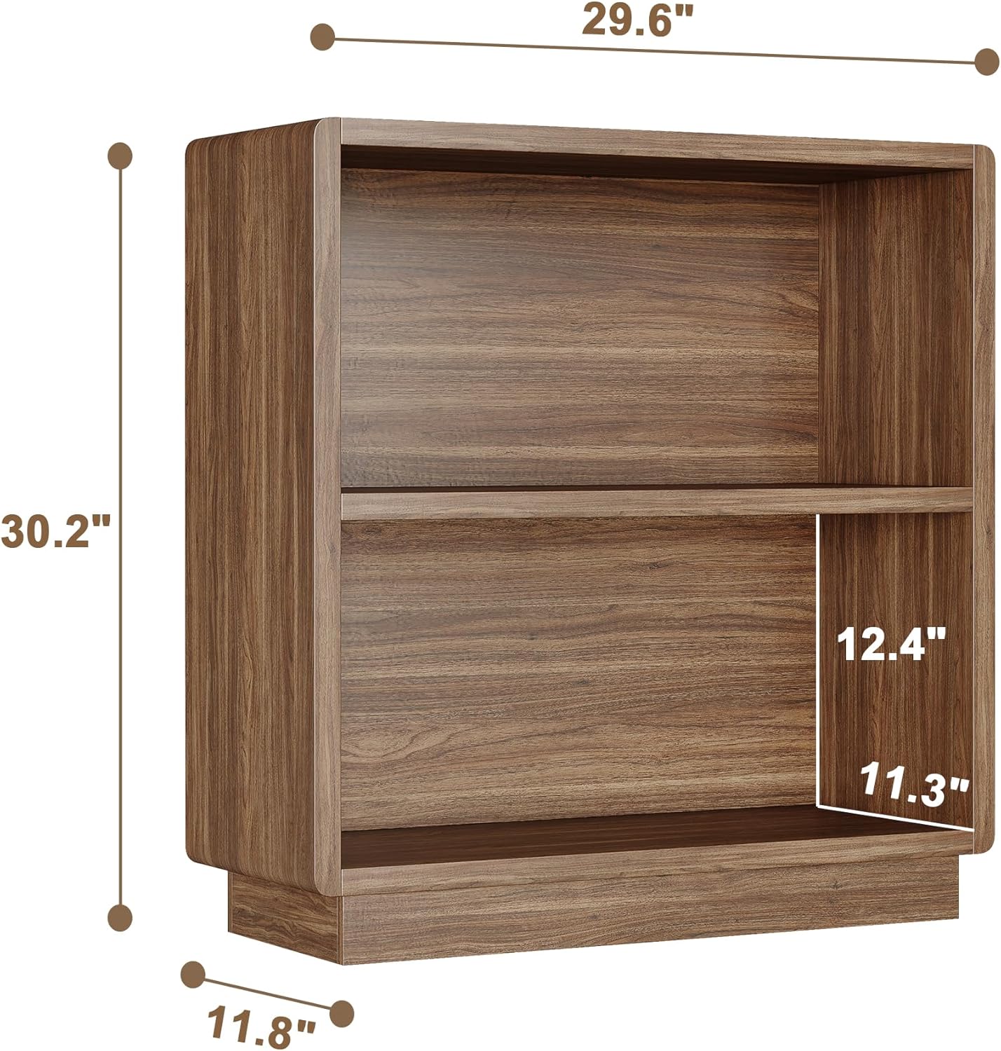 2-Tier Wooden Bookcase – Small Farmhouse Bookshelf with Open Storage, Brown Walnut Finish