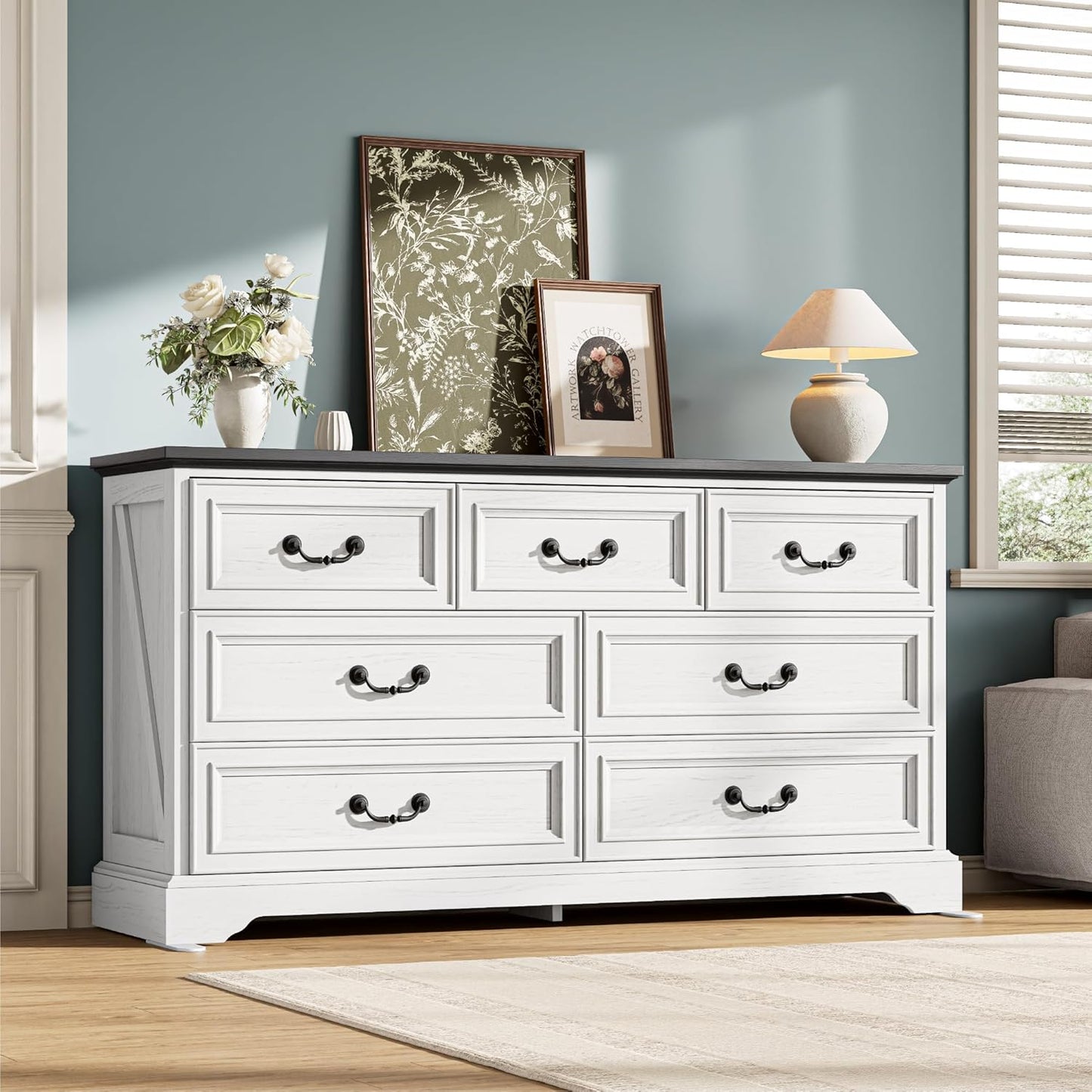 Farmhouse 7-Drawer Dresser – 59" Wide Rustic White Wooden Chest for Bedroom, Hallway, or Living Room