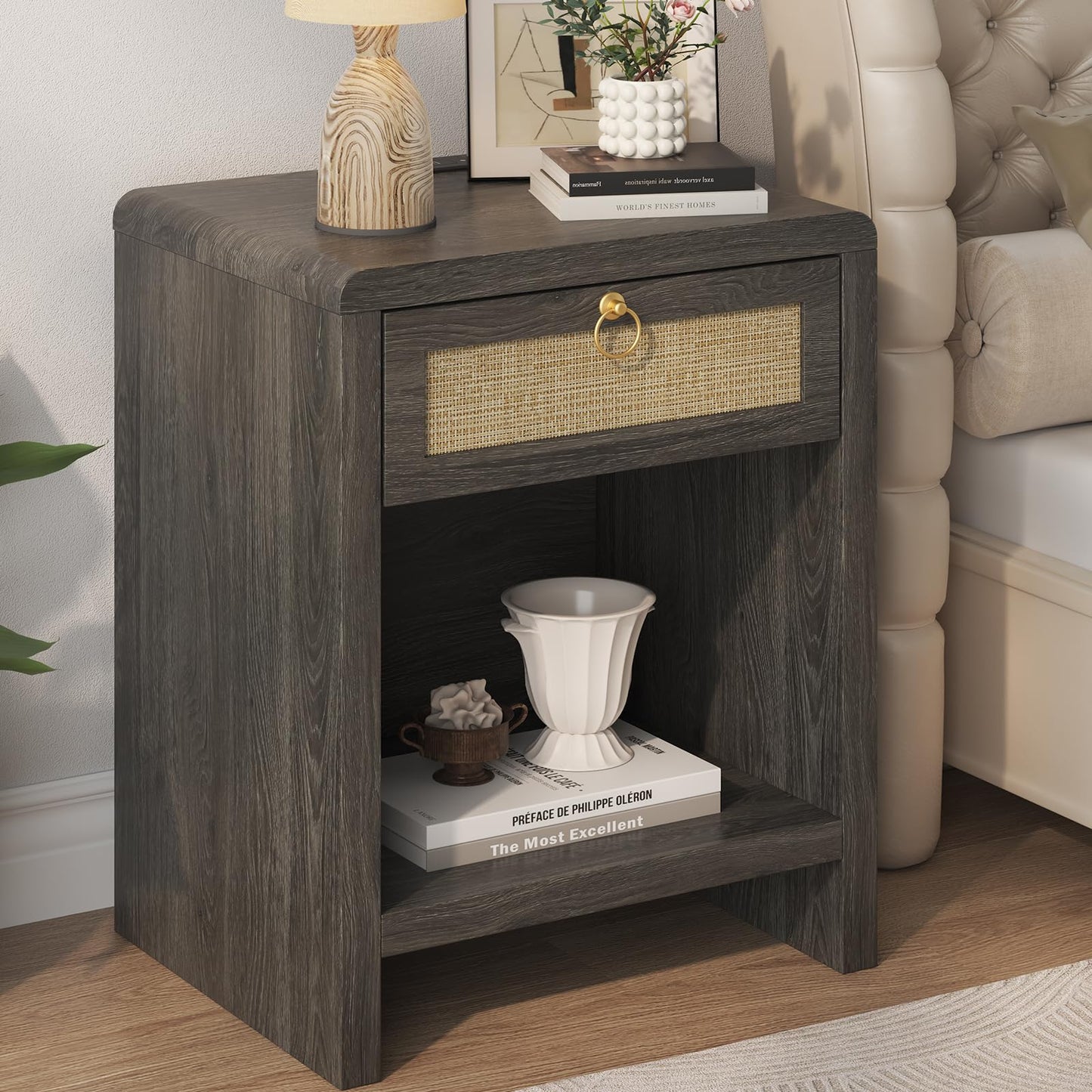 Rattan Nightstand Set of 2 with Charging Station – Boho Bedside Tables with Drawer & Storage Shelf, Natural Oak