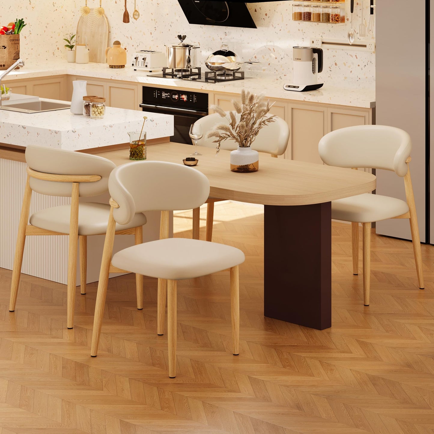 Set of 2 Modern Upholstered Dining Chairs – Armless Kitchen & Dining Chairs with Metal Legs, Khaki