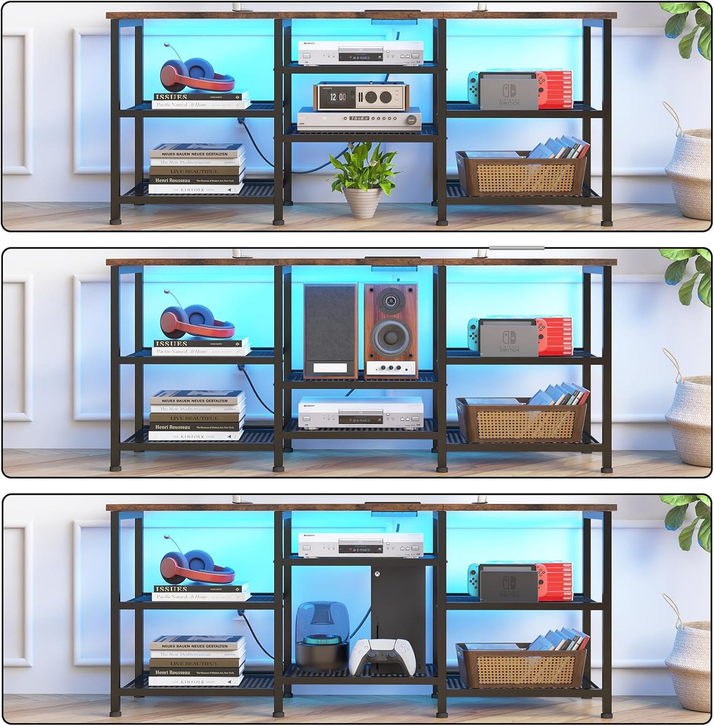 Rustic Brown TV Stand for 55-Inch TVs – Media Console with Adjustable Shelves, LED Lights & Built-In Power Outlets