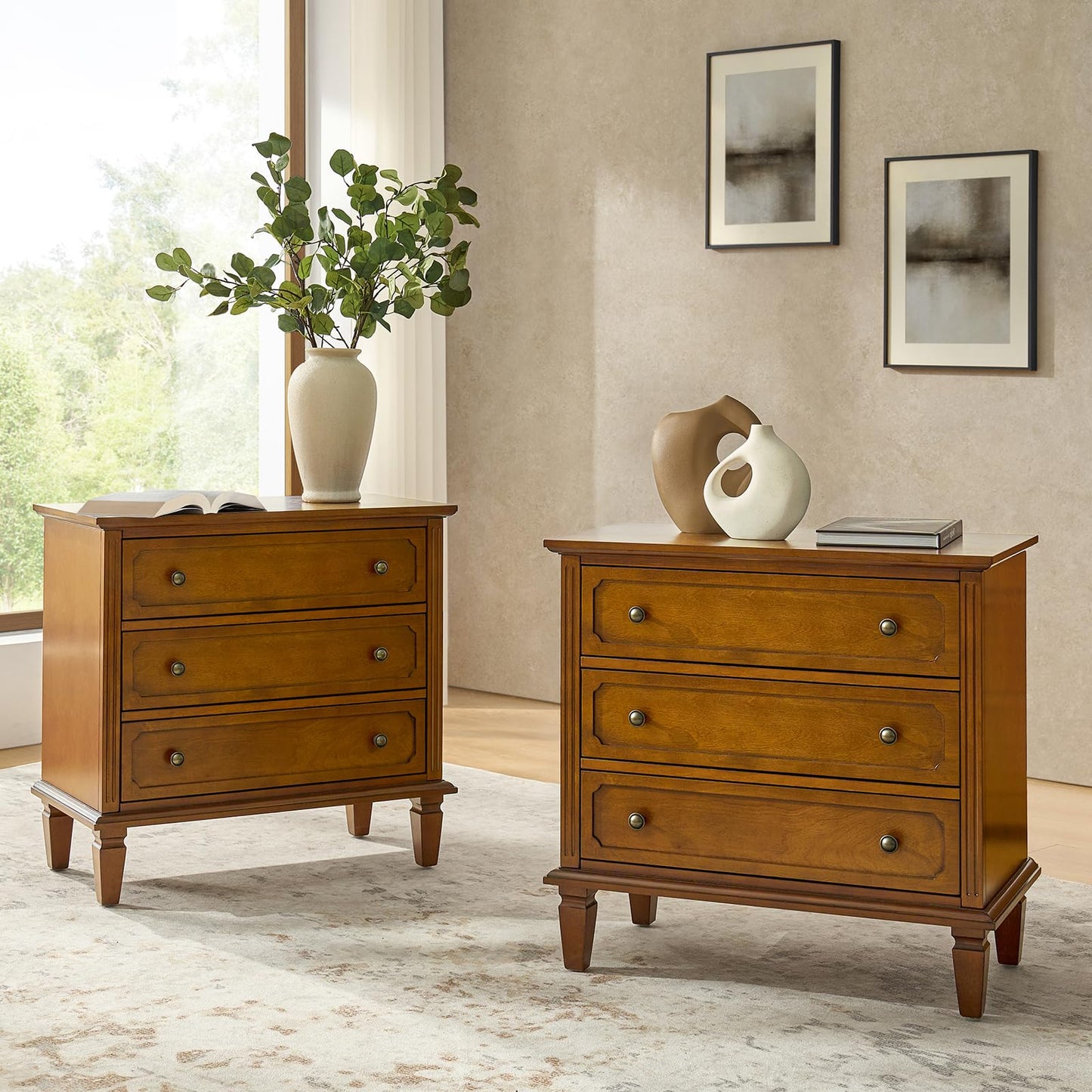 3-Drawer Nightstand Set of 2 with Charging Station – Mid-Century Modern Bedside Tables, Black Finish