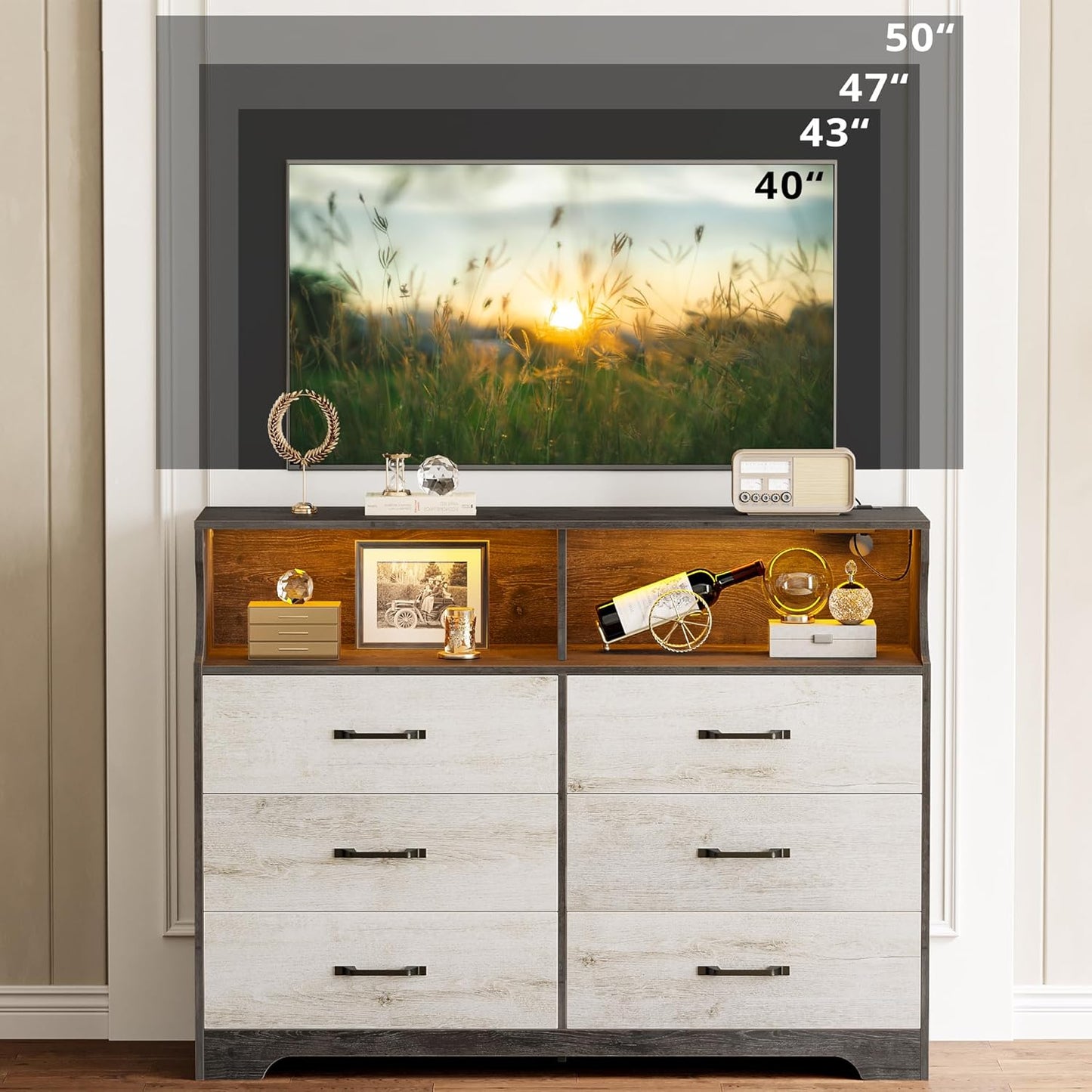 6-Drawer Modern Dresser with LED & USB Charging – Rustic White Wooden Storage Cabinet for Bedroom, Living Room, Hallway