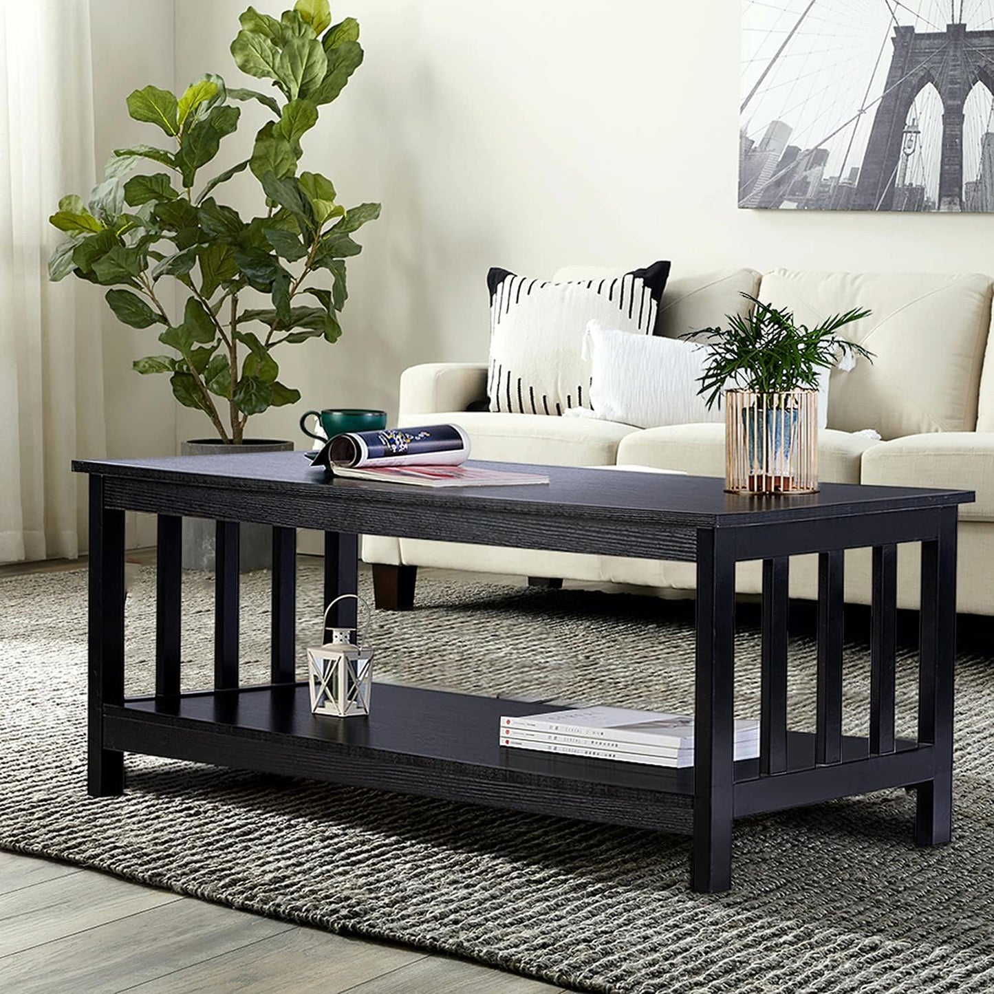 Mission Coffee Table with Shelf – Black Wood, 40-Inch