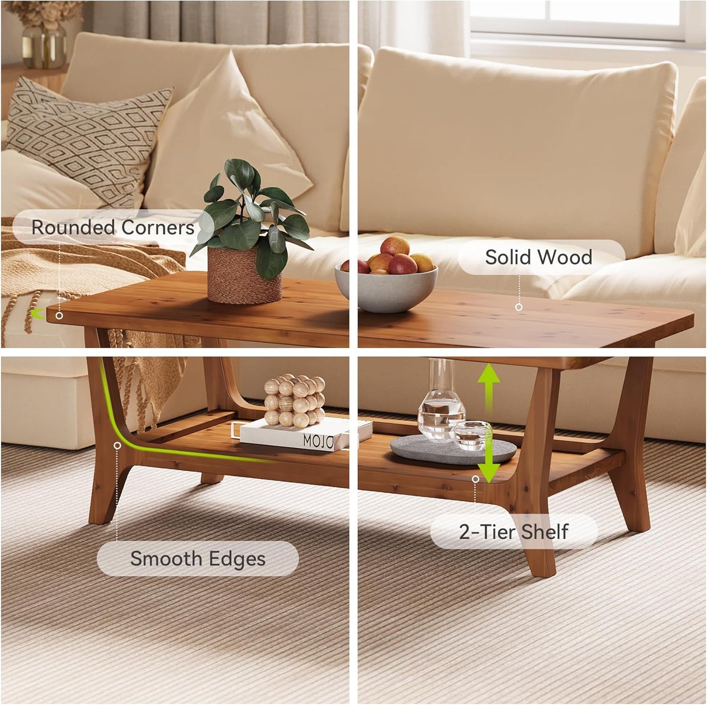 47-Inch Solid Wood Coffee Table with Shelf – 2-Tier Center Table for Living Room, Brown