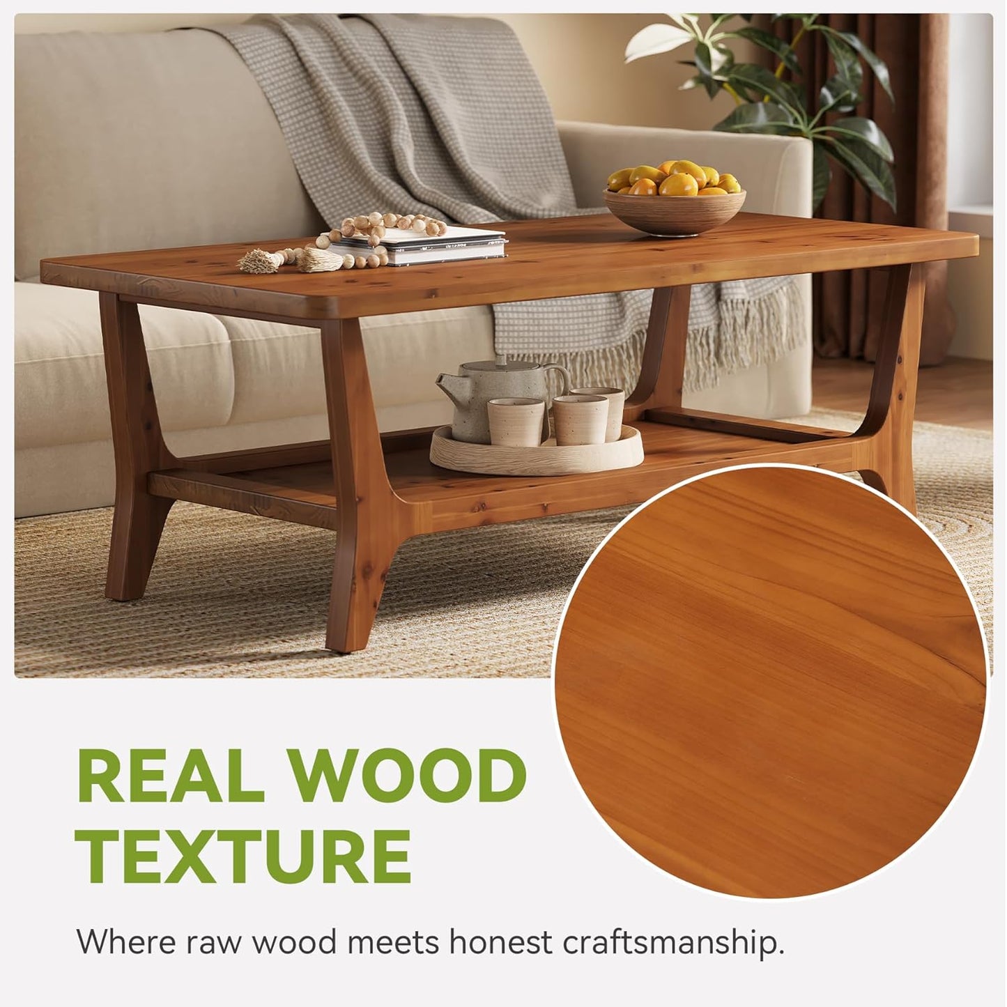 47-Inch Solid Wood Coffee Table with Shelf – 2-Tier Center Table for Living Room, Brown