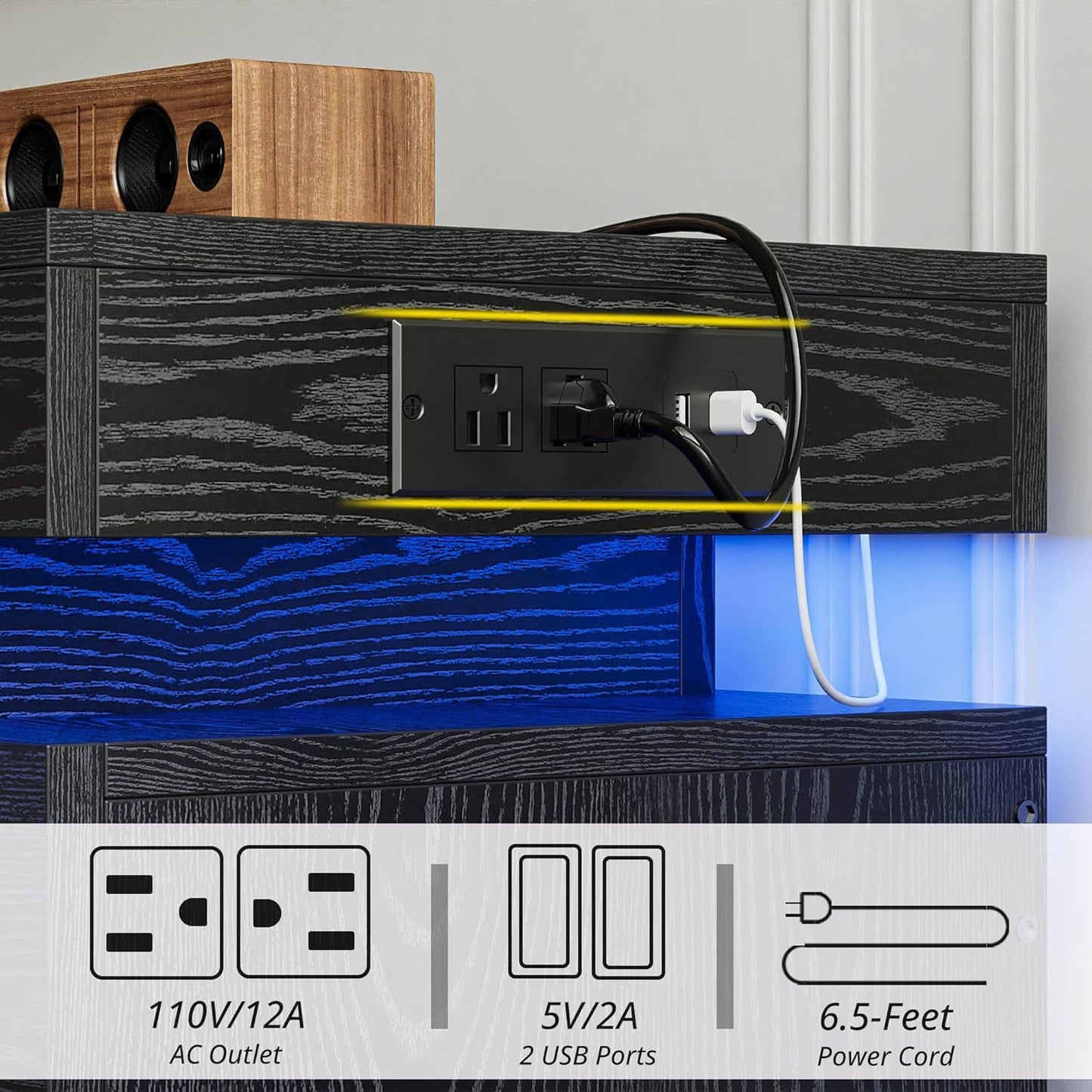 59" 6-Drawer Modern Dresser with LED Lighting & Power Strip – Large Black Wooden Storage Cabinet for Bedroom, Living Room, Office