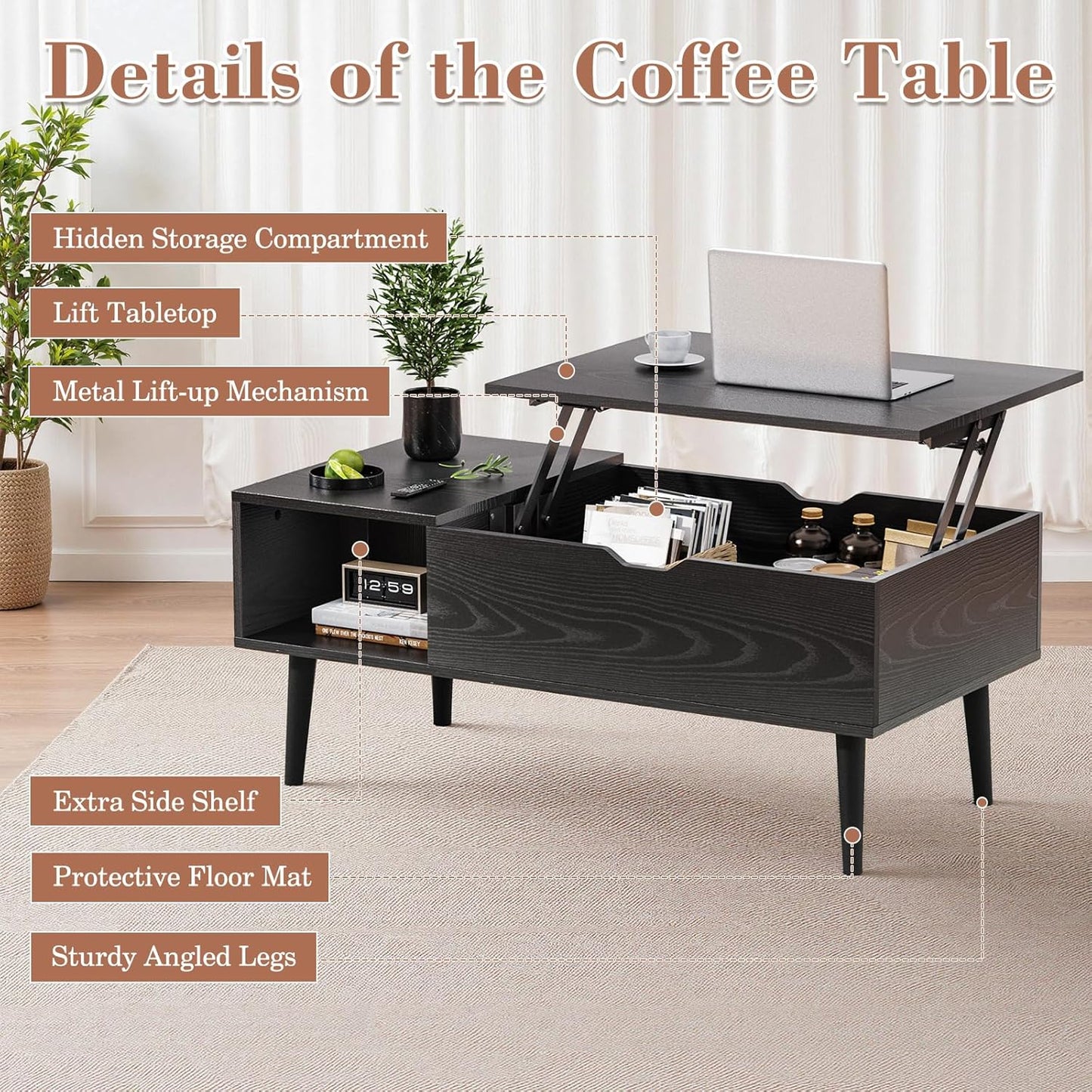 Lift Top Coffee Table with Hidden Storage Compartment and Large Lower Shelf – Modern Multifunctional Center Table for Living Room or Office, Black