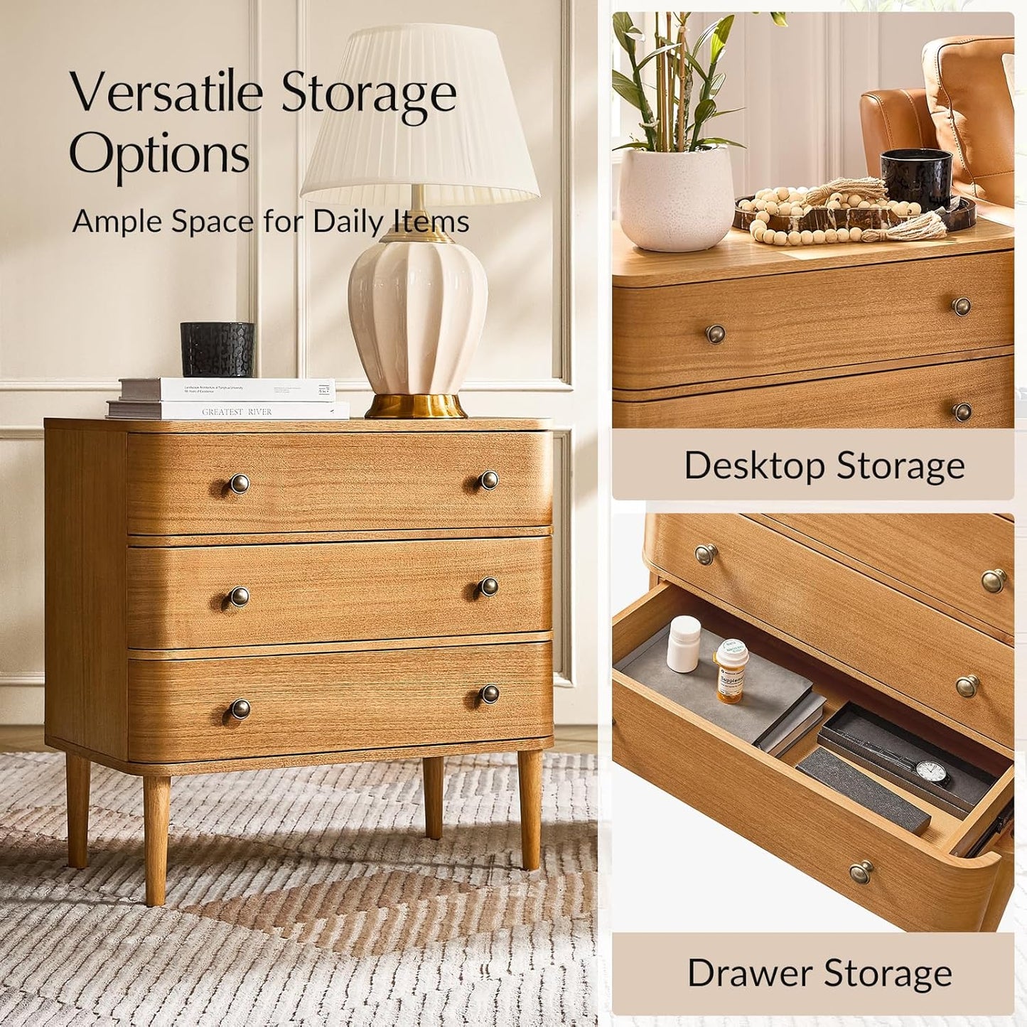 Modern Nightstand Set of 2 with Charging Station – 3-Drawer Wood Bedside Tables with Solid Wood Legs & Adjustable Feet, Curved Design, Oak Finish