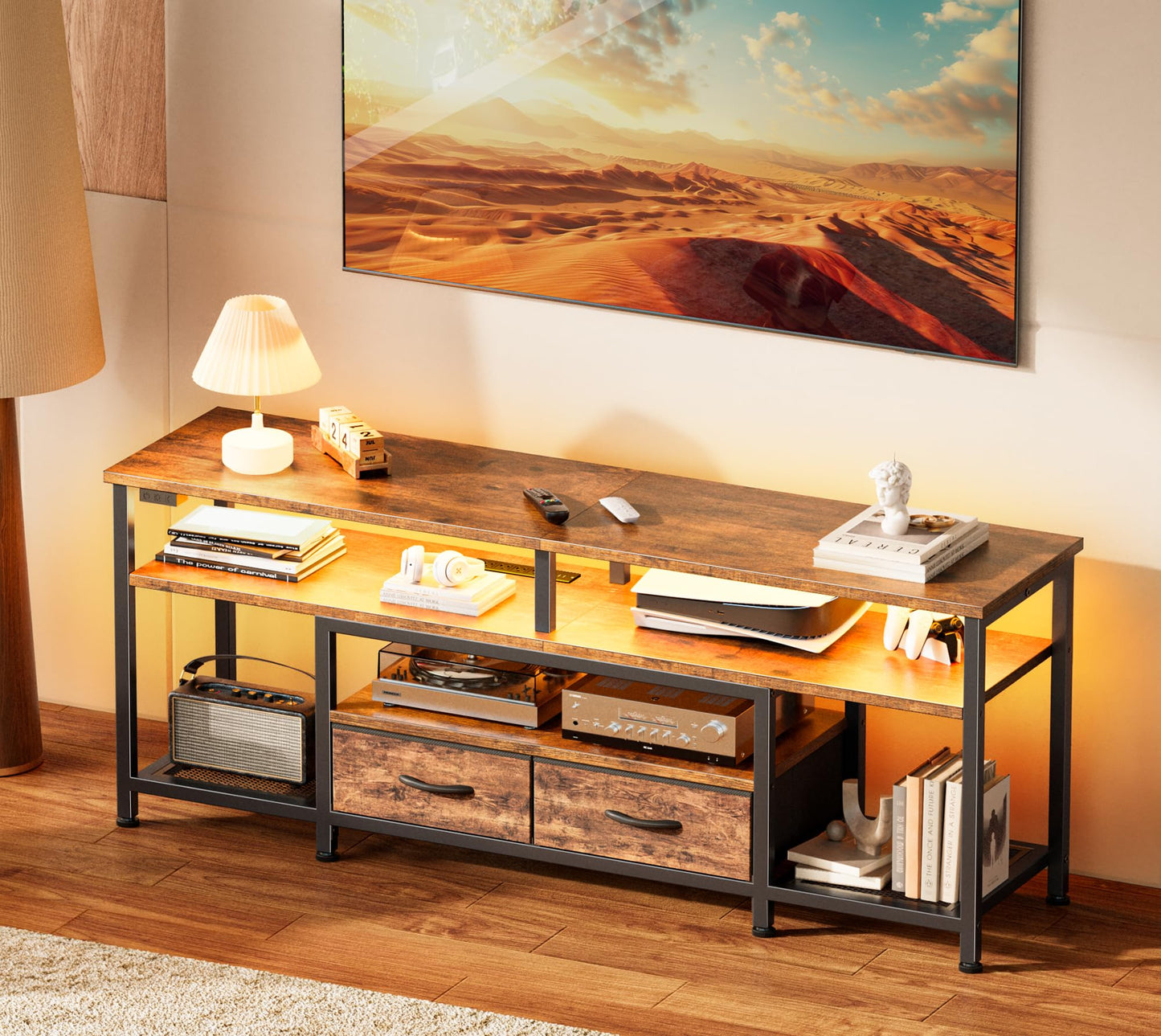 65-70 Inch Modern TV Stand with Drawers, Shelves, LED Lights & Built-In Power Outlets – Media Console for Living Room