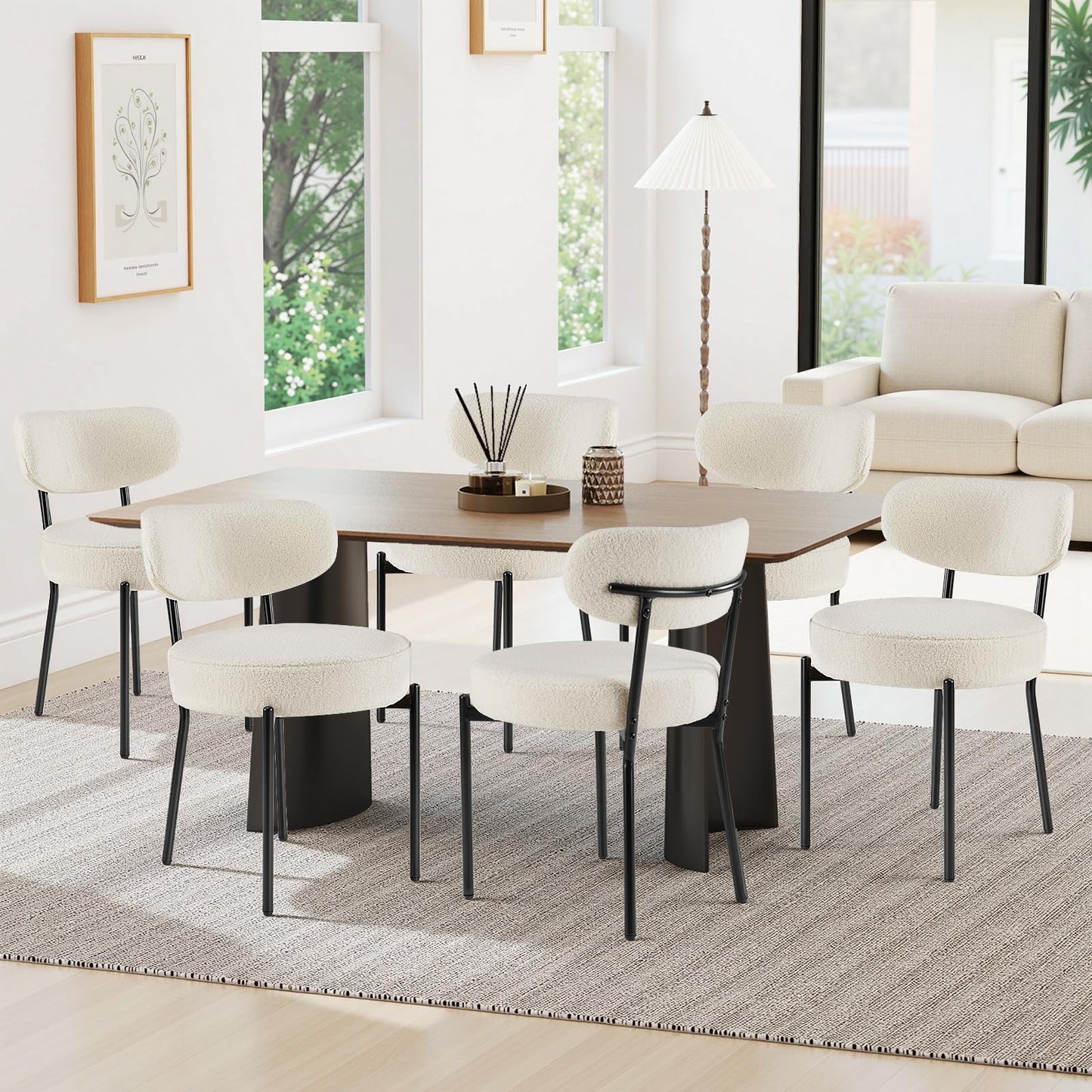 Set of 4 Modern Boucle Upholstered Dining Chairs – Mid-Century Round Kitchen Chairs with Curved Backrest & Metal Legs, Beige