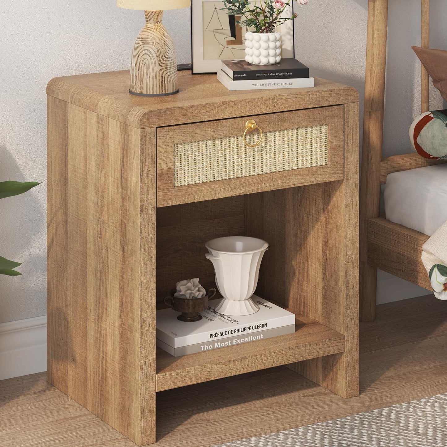 Rattan Nightstand Set of 2 with Charging Station – Boho Bedside Tables with Drawer & Storage Shelf, Natural Oak