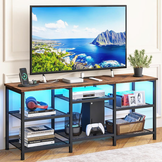 Rustic Brown TV Stand for 55-Inch TVs – Media Console with Adjustable Shelves, LED Lights & Built-In Power Outlets