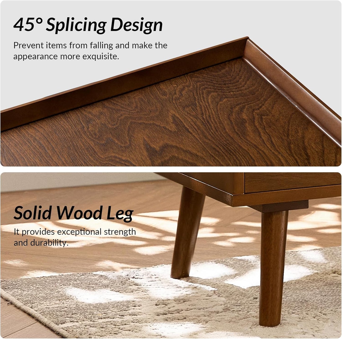 Mid-Century Modern Nightstand Set of 2 with Charging Station – 2-Drawer Wood Bedside Tables with Pull-Out Shelf, Walnut Finish