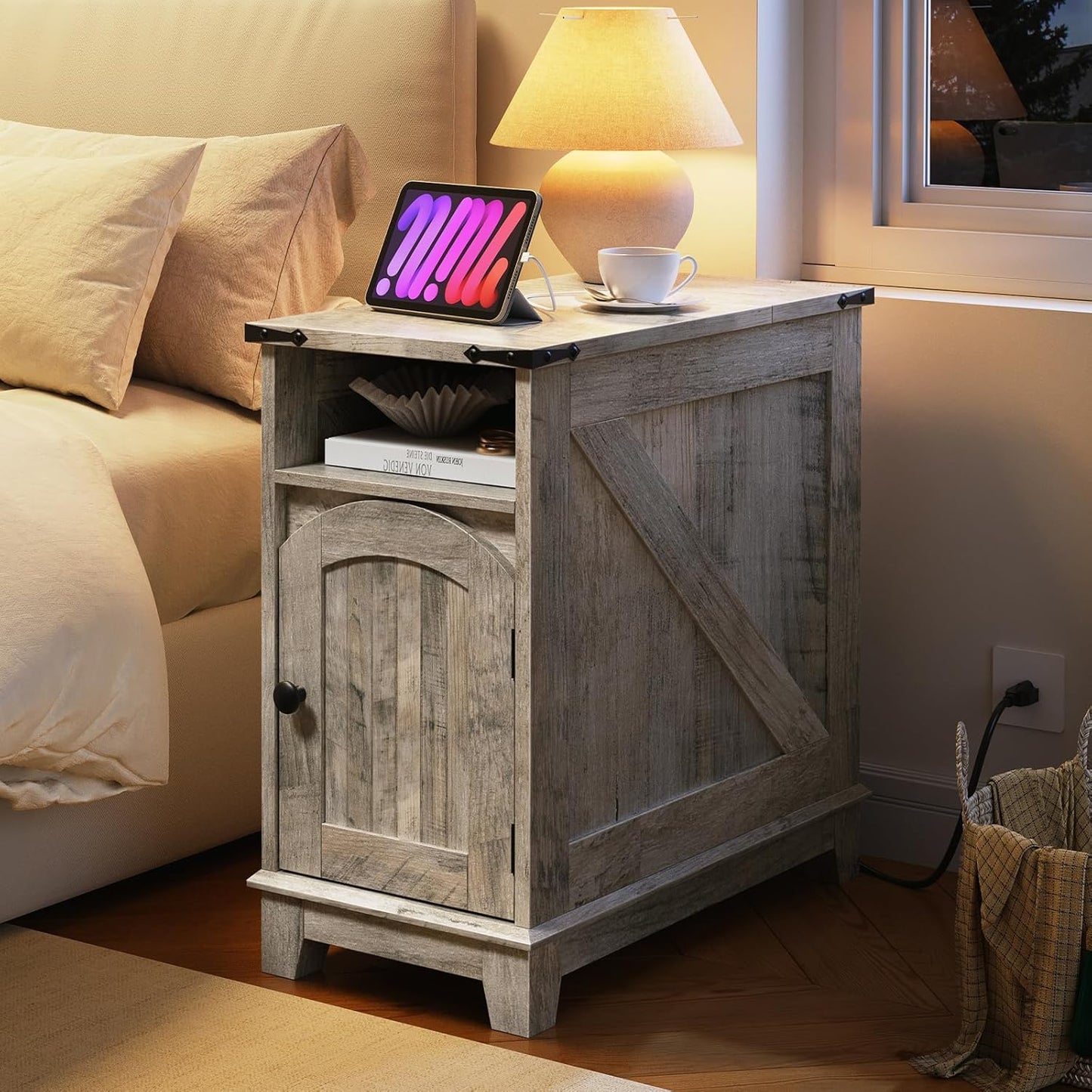 Narrow Farmhouse End Table with Charging Station – Slim Side Table / Small Nightstand for Living Room & Small Spaces, Flip-Top Storage, Greige