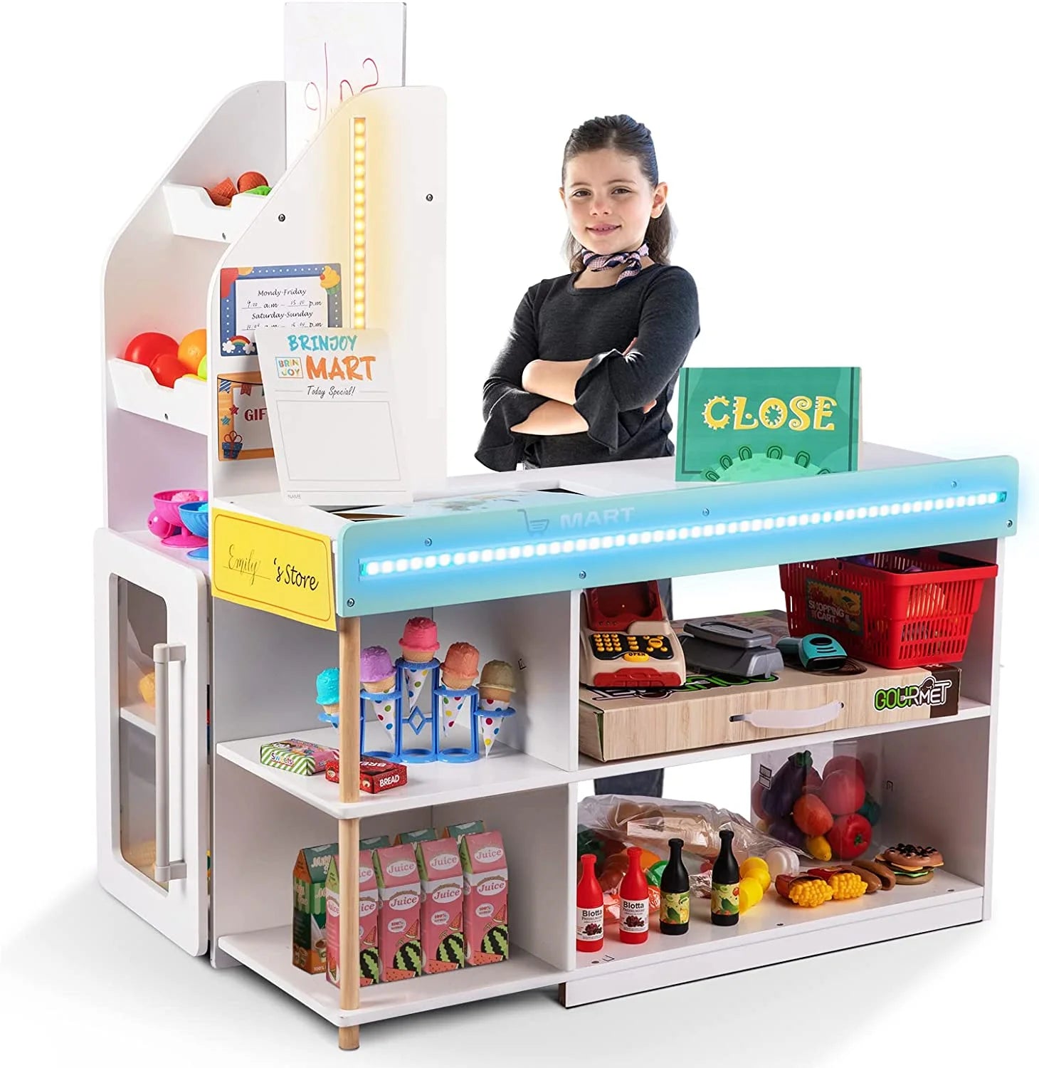 BRINJOY Grocery Store Pretend Play, Kids Play Store Wooden Market Stand with LED Lights&Acrylic Sheet, Supermarket Toy Includes Shopping Bag, Apron, Coupons, Cards for Children