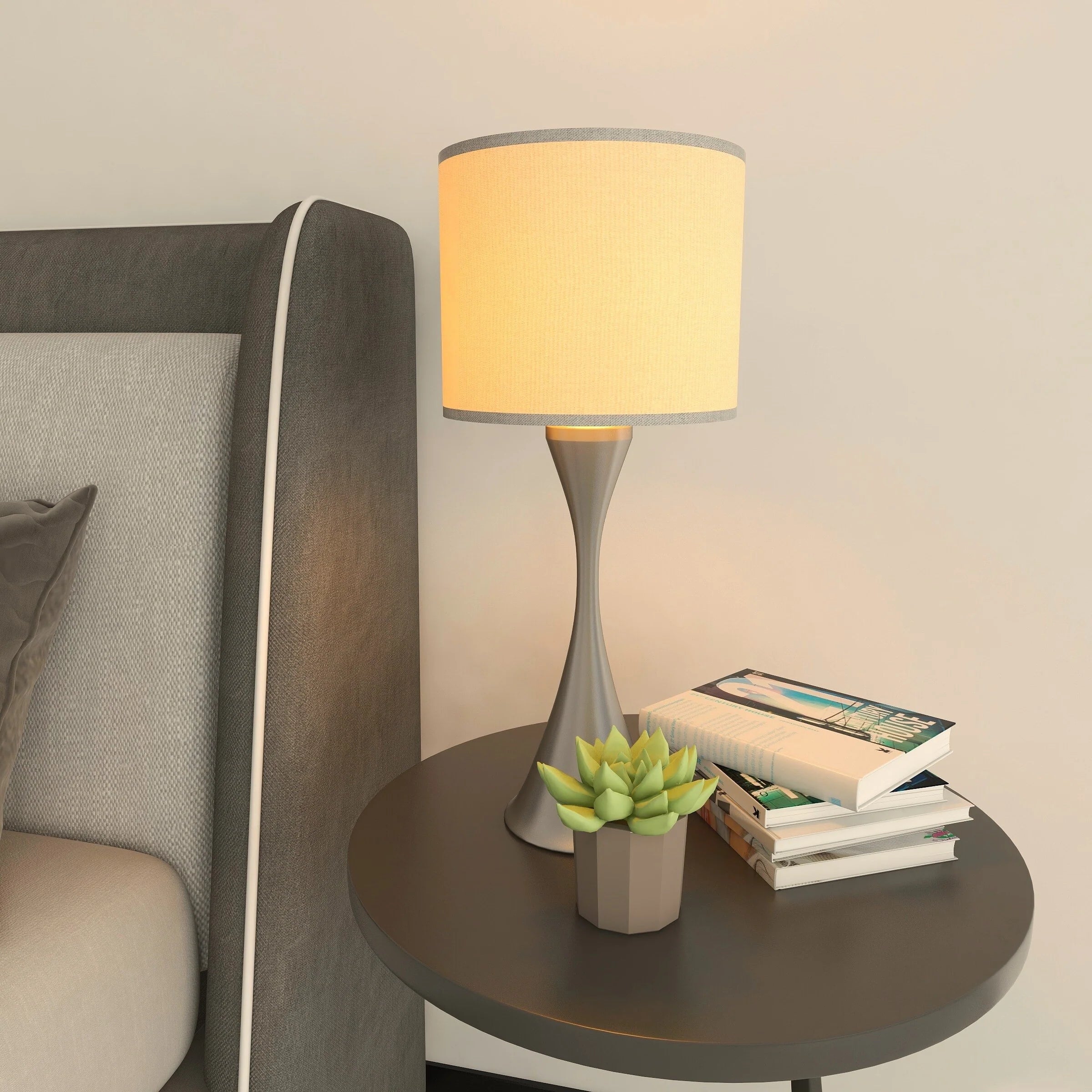 2-Pk 1-light Table Lamp with Brushed Nickel Finish and Grey Fabric Shade