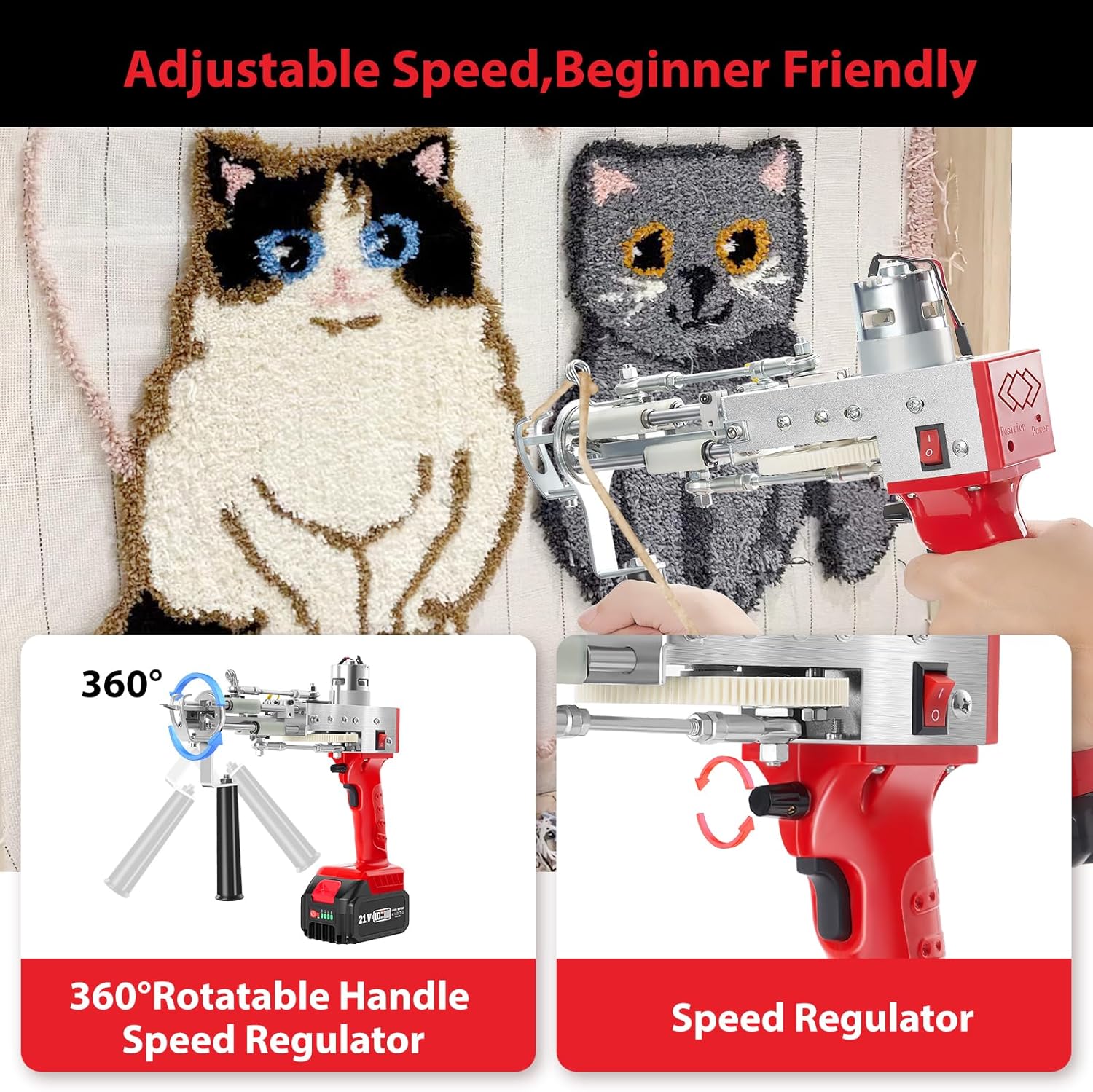 2023-Cordless-Rug-Tufting-Gun-Kit with Carpet Trimmer- Tufting-Gun-Starter-Kit-with 2pcs 4.0Ah Batteries，2 in 1 Cut Loop Pile Tufting Gun with Tufting Shears, Carpet Gun Cloth Yarn（Light Red）