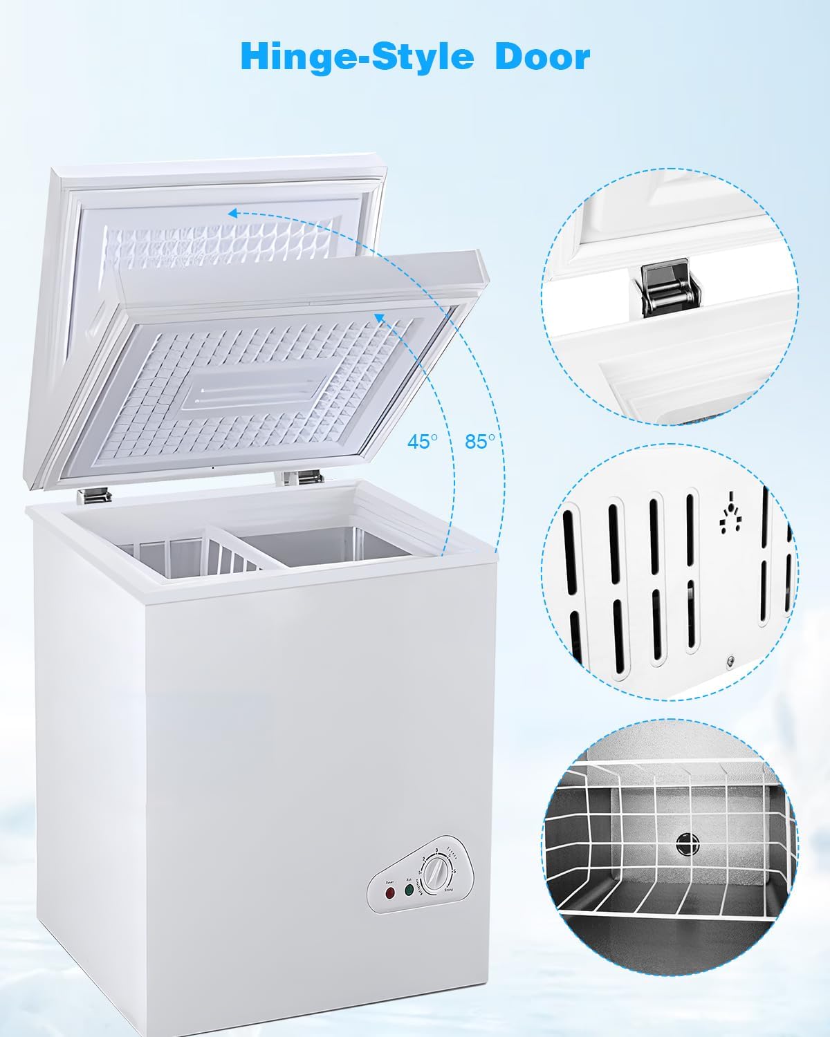 3.5 Cu.Ft Chest Freezer with a Removable Basket 7 Gears Adjustable Temperature Control(-18°F to -46°F), Deep Compact Freezer for Garage, Office, Basement, House, Kitchen, Shop, RVs-White