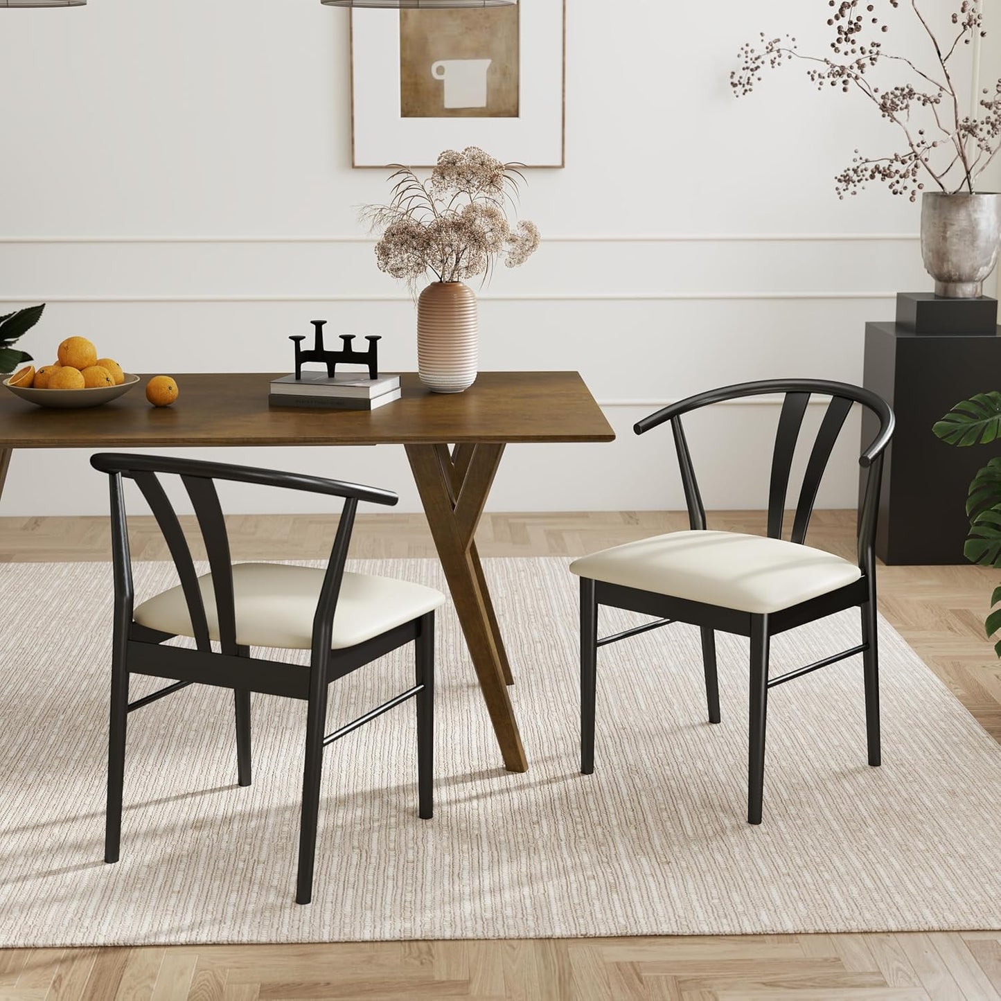 Set of 2 Black Wishbone-Style Upholstered Dining Chairs – Mid-Century Modern Wooden Frame