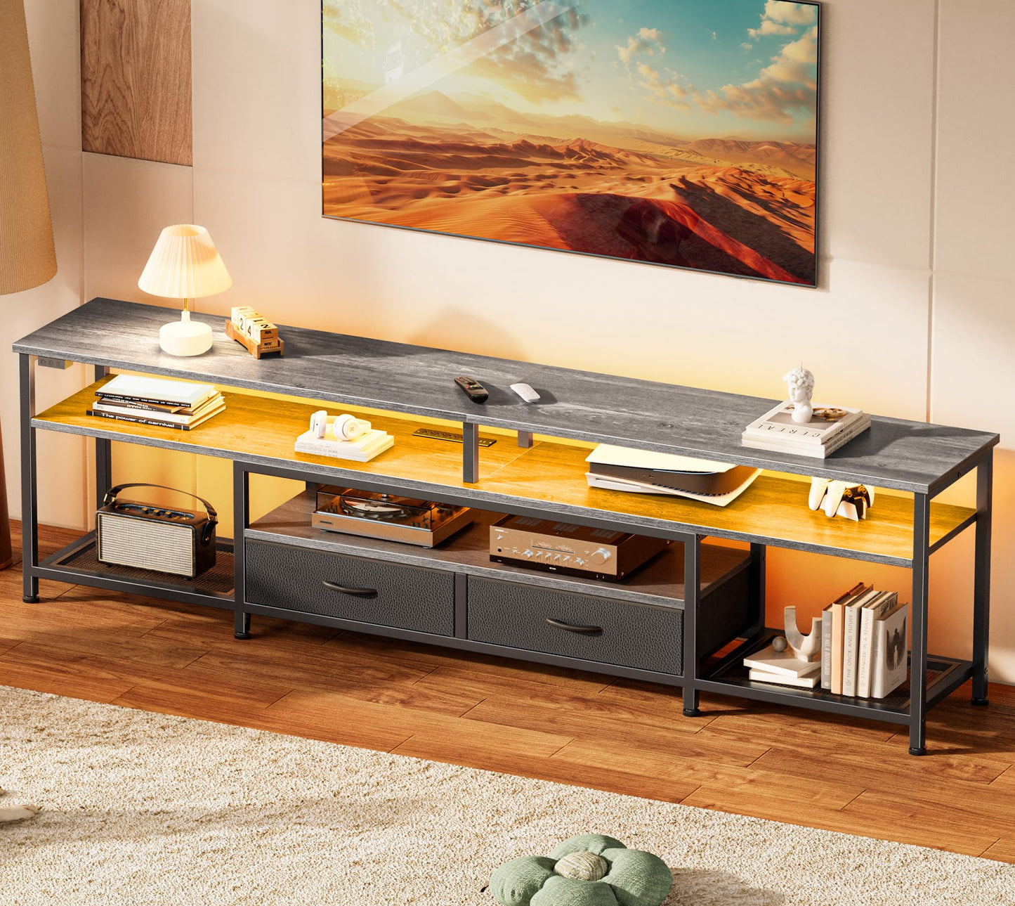 65-70 Inch Modern TV Stand with Drawers, Shelves, LED Lights & Built-In Power Outlets – Media Console for Living Room
