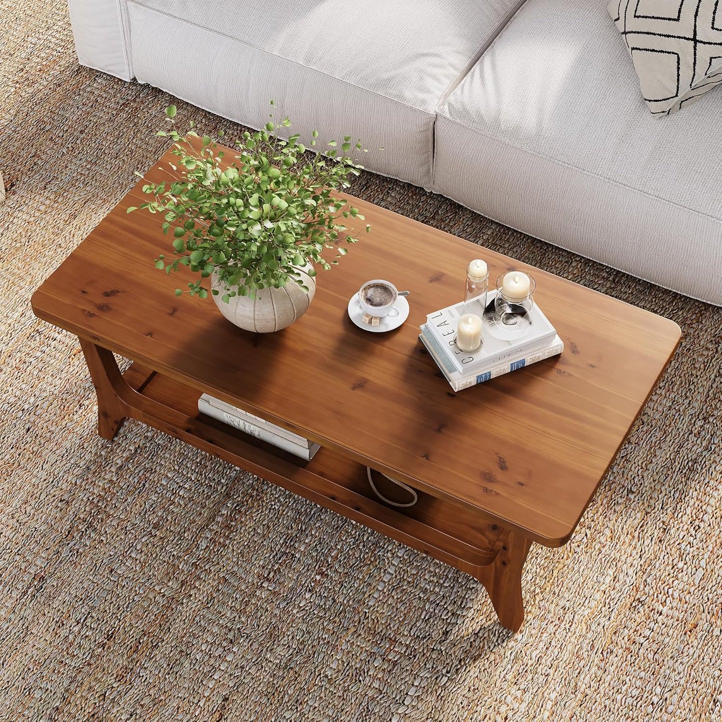47-Inch Solid Wood Coffee Table with Shelf – 2-Tier Center Table for Living Room, Brown