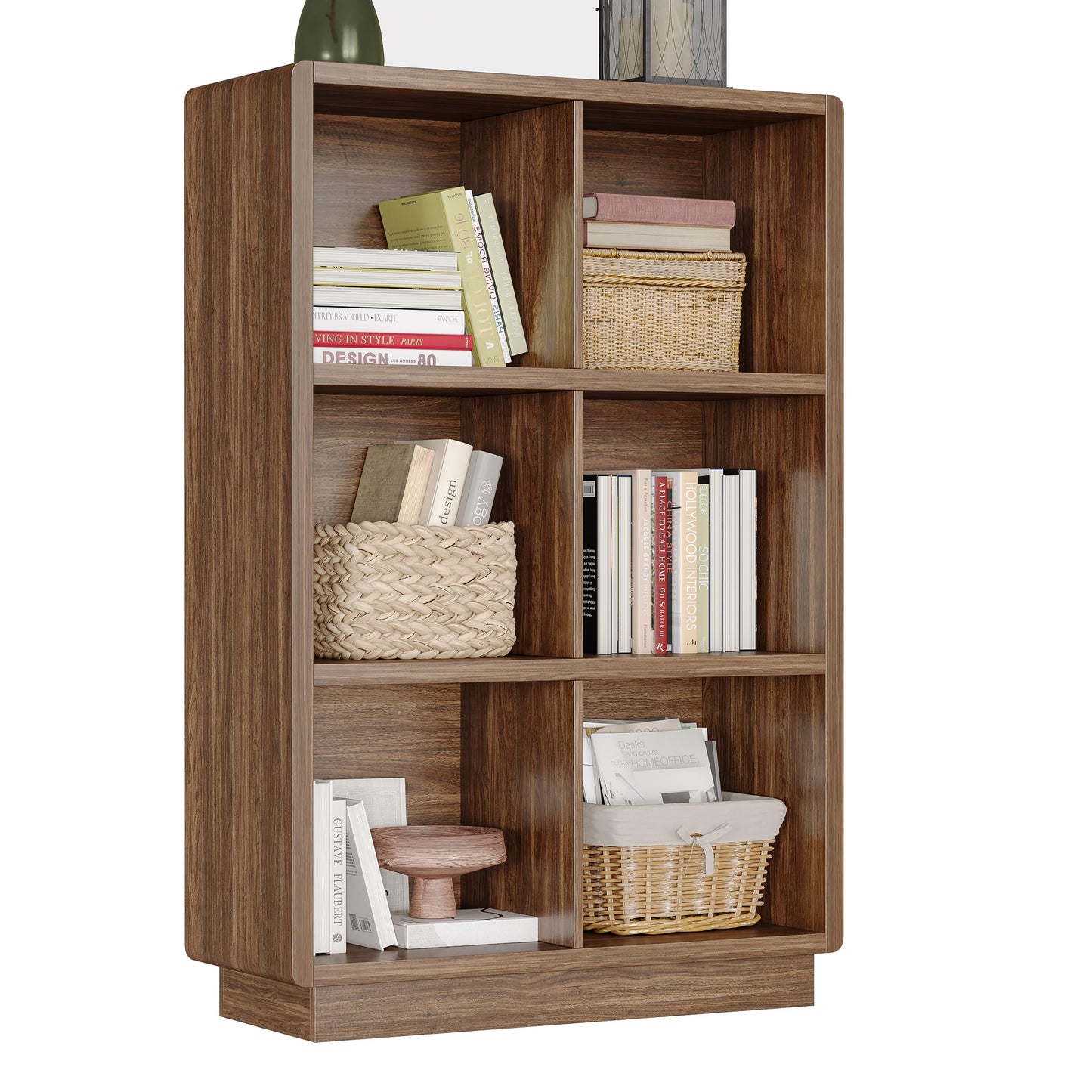 6-Cube Wooden Storage Organizer – Brown Walnut Bookcase for Bedroom, Living Room, or Office