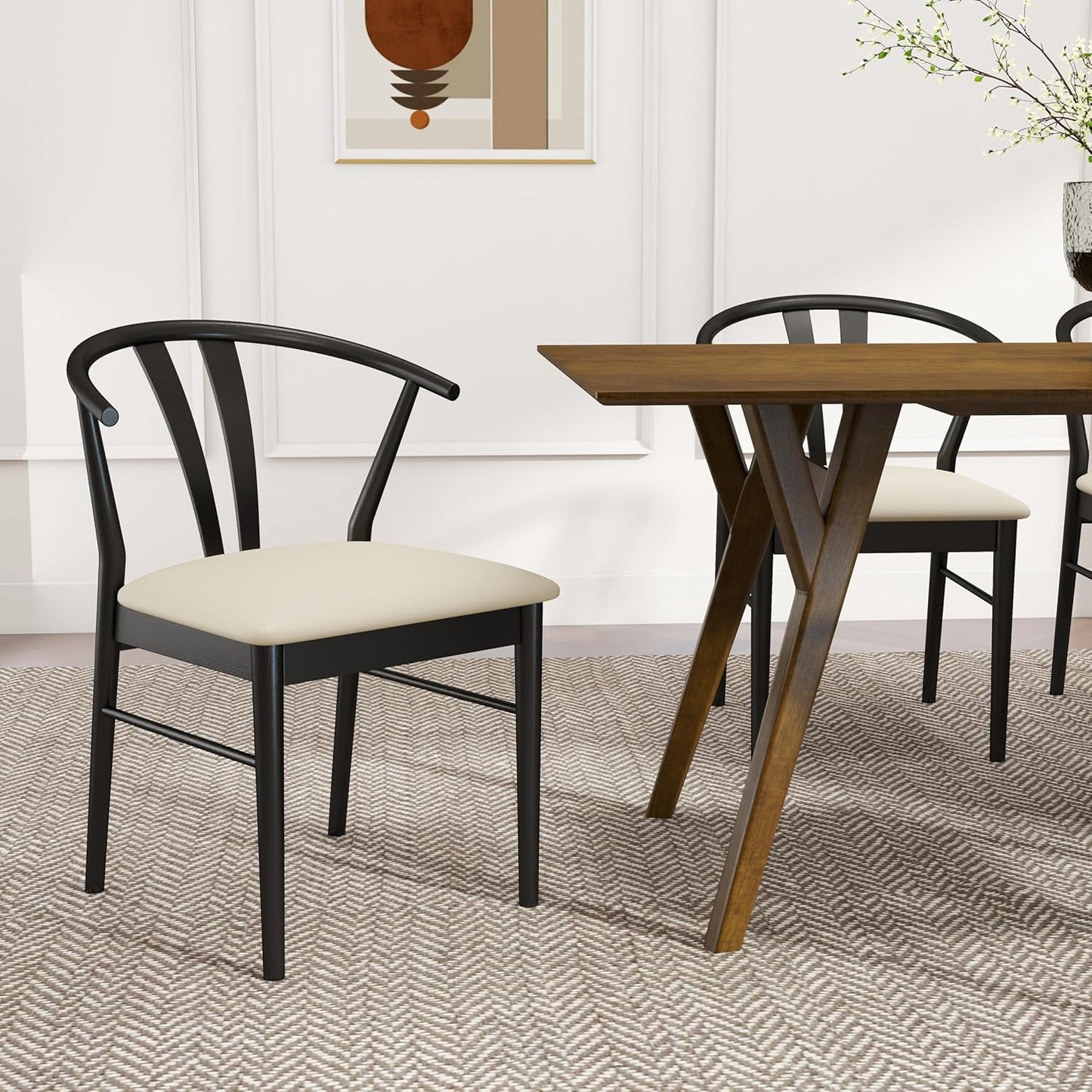 Set of 2 Black Wishbone-Style Upholstered Dining Chairs – Mid-Century Modern Wooden Frame