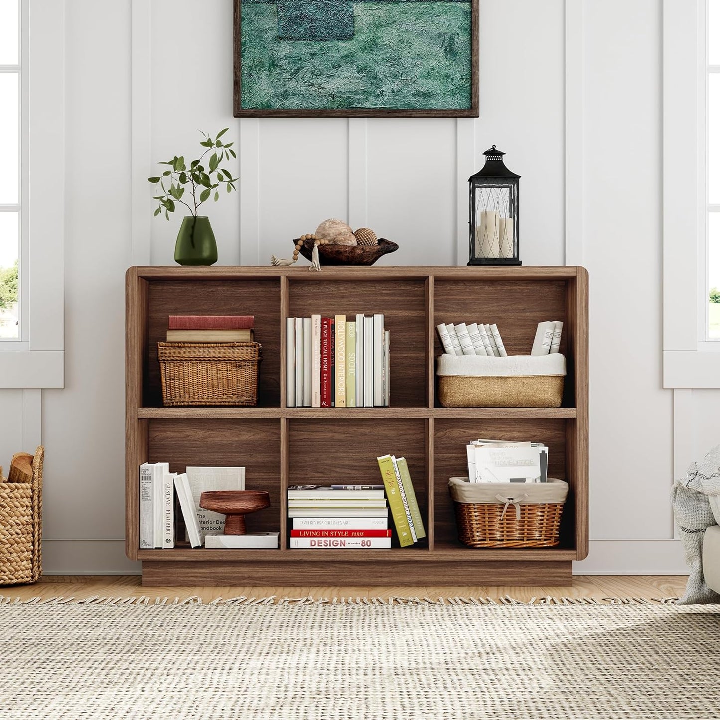 6-Cube Wooden Storage Organizer – Brown Walnut Bookcase for Bedroom, Living Room, or Office