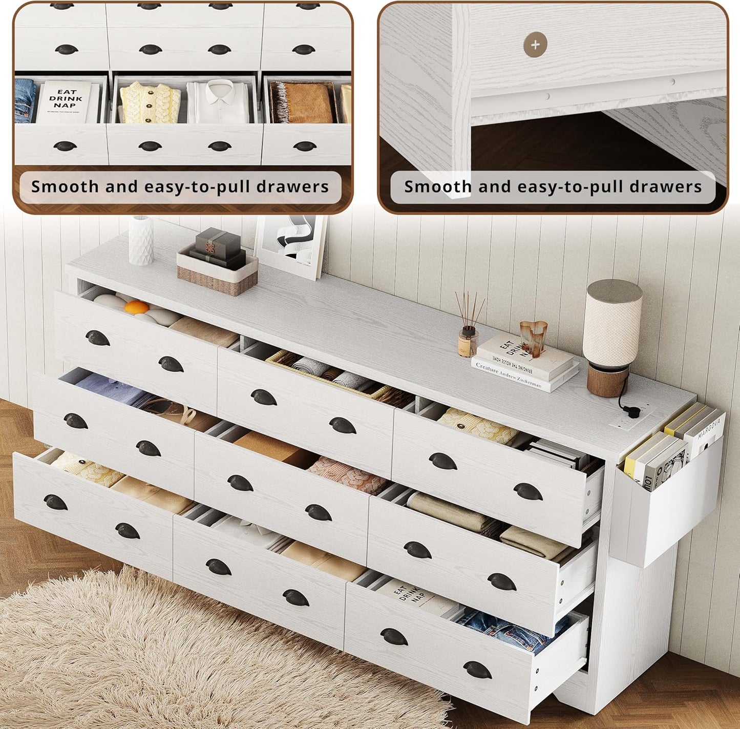 63" 9-Drawer Dresser with Charging Station – Large Wood Storage Chest for Bedroom or Living Room, White
