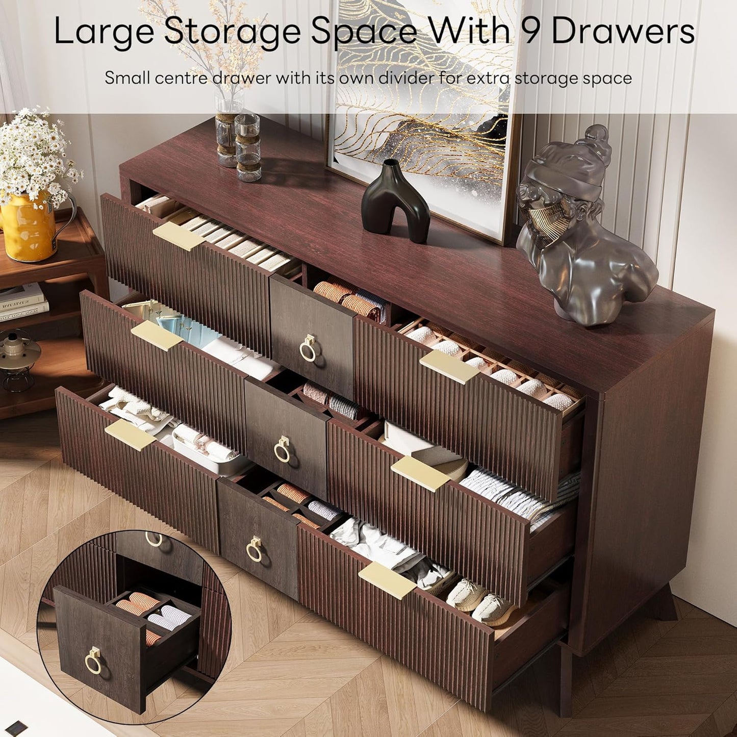 9-Drawer LED Dresser – 55" Wide Fluted Wood Chest with Curved Design, TV Stand & Storage Organizer for Bedroom, Living Room, or Hallway