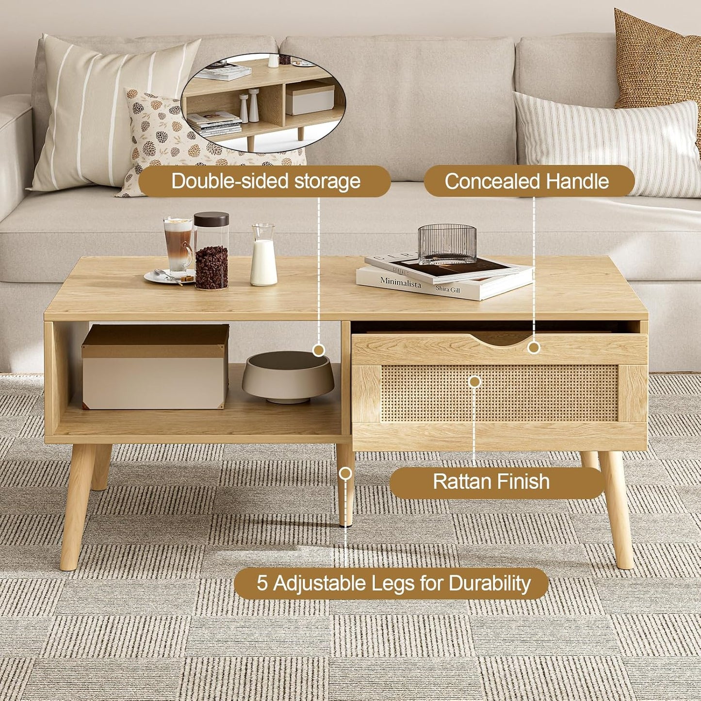 Boho Coffee Table with Rattan Drawer and Solid Wood Legs – Oak Finish