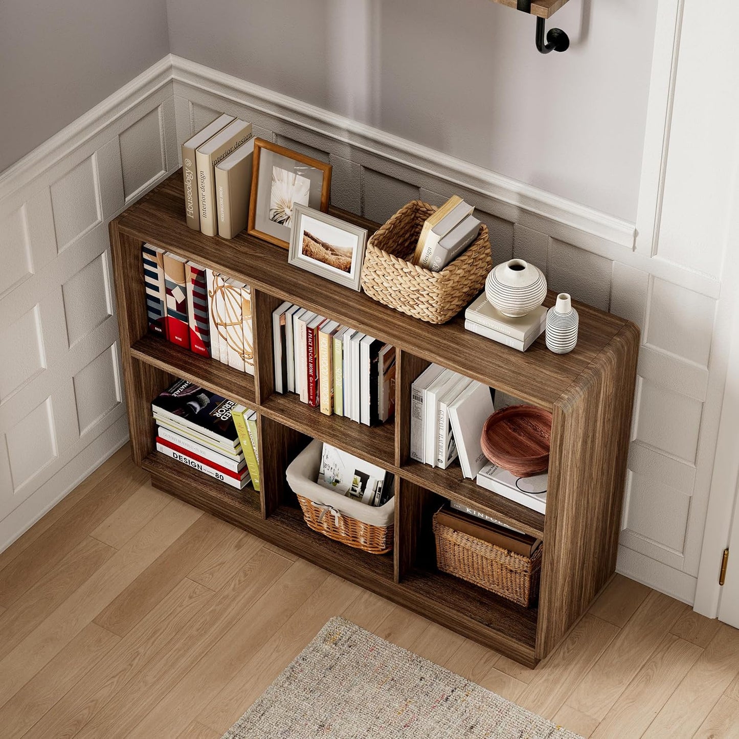 6-Cube Wooden Storage Organizer – Brown Walnut Bookcase for Bedroom, Living Room, or Office
