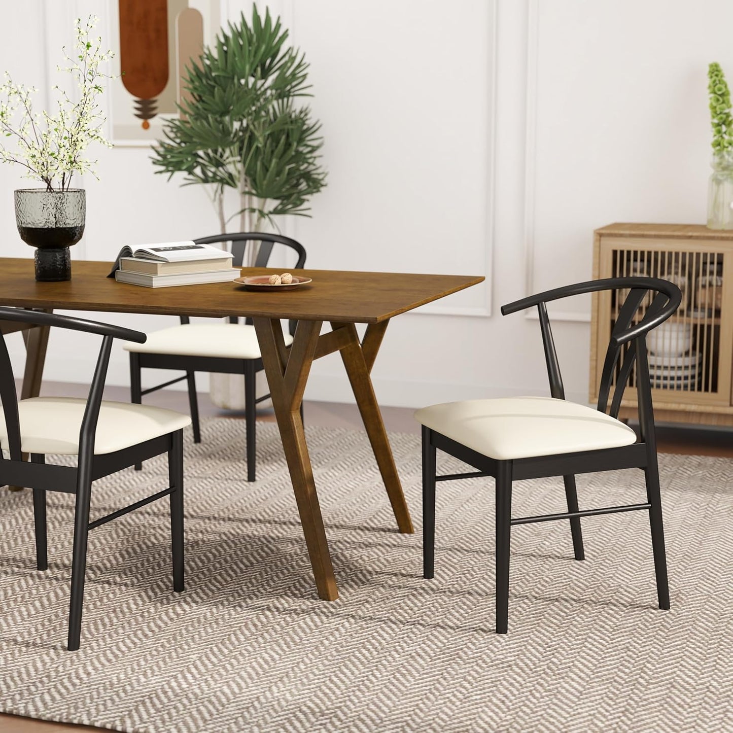 Set of 2 Black Wishbone-Style Upholstered Dining Chairs – Mid-Century Modern Wooden Frame