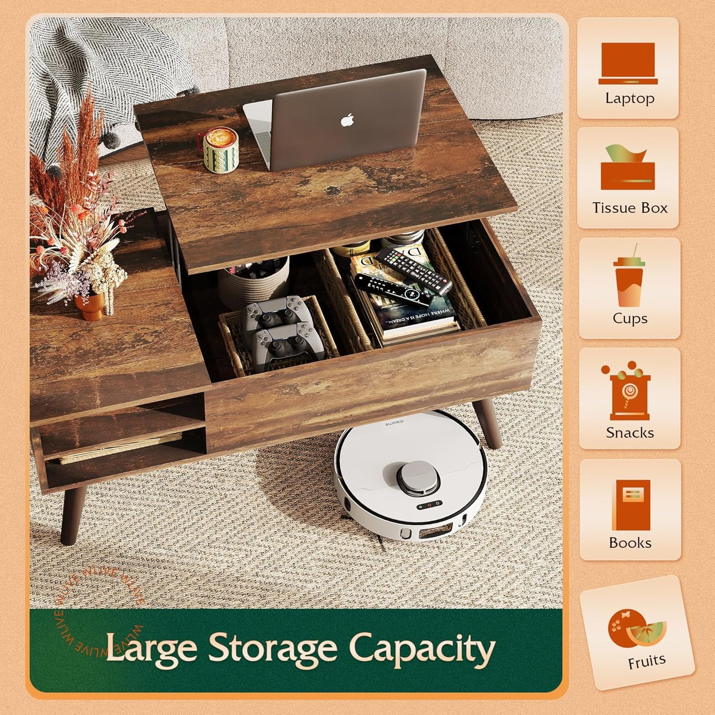 Lift Top Coffee Table with Hidden Storage & Adjustable Shelf – Mid-Century Modern Wood Table for Living Room, Rustic Brown