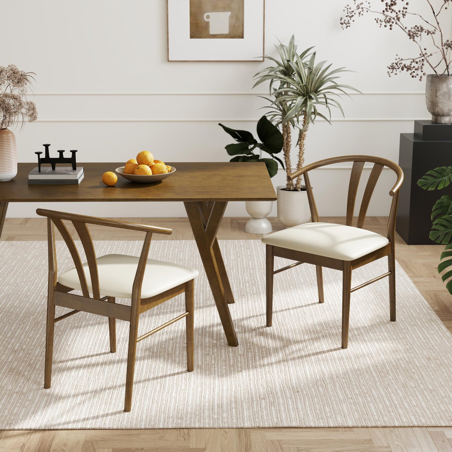 Set of 2 Black Wishbone-Style Upholstered Dining Chairs – Mid-Century Modern Wooden Frame