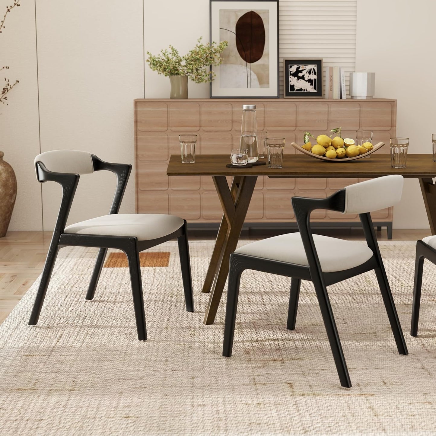 Set of 2 Upholstered Dining Chairs with Black Finish – Mid-Century Modern Wooden Frame, Comfortable Seat and Backrest