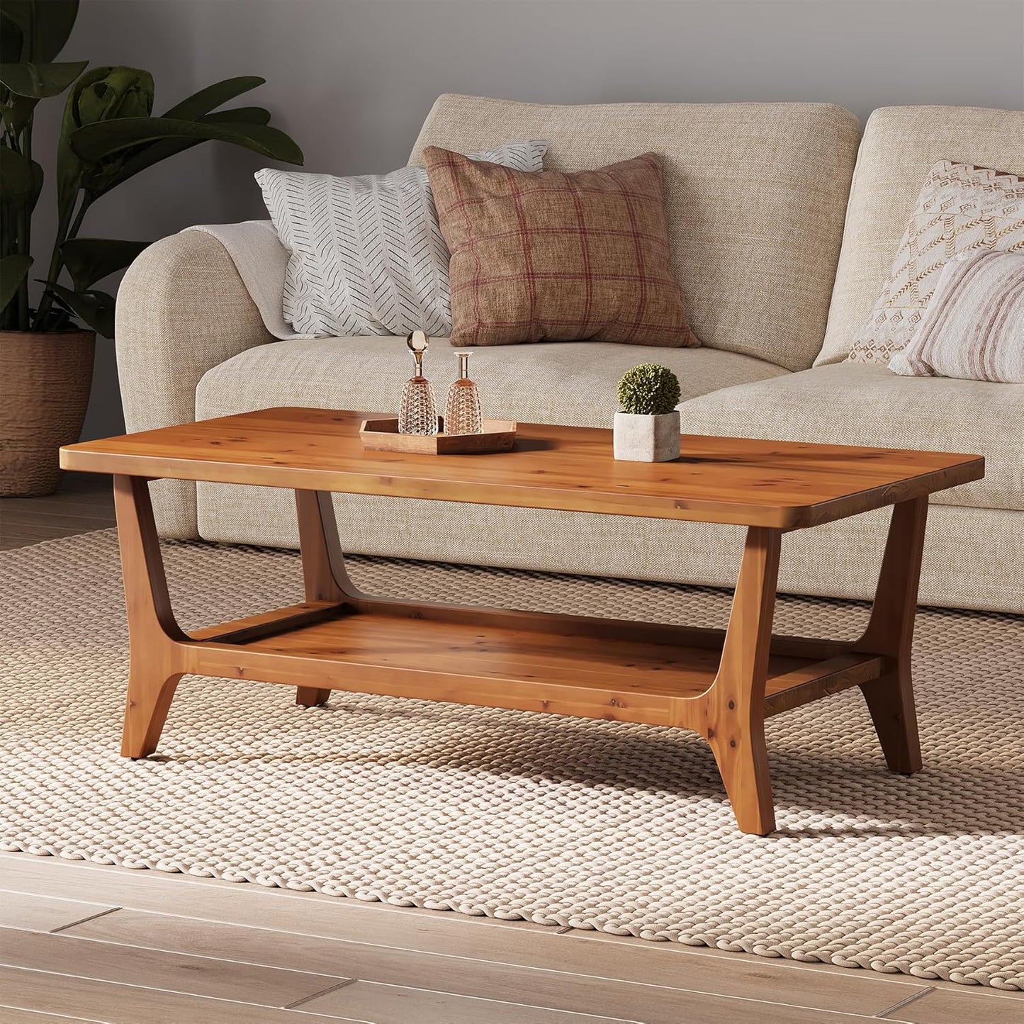 47-Inch Solid Wood Coffee Table with Shelf – 2-Tier Center Table for Living Room, Brown