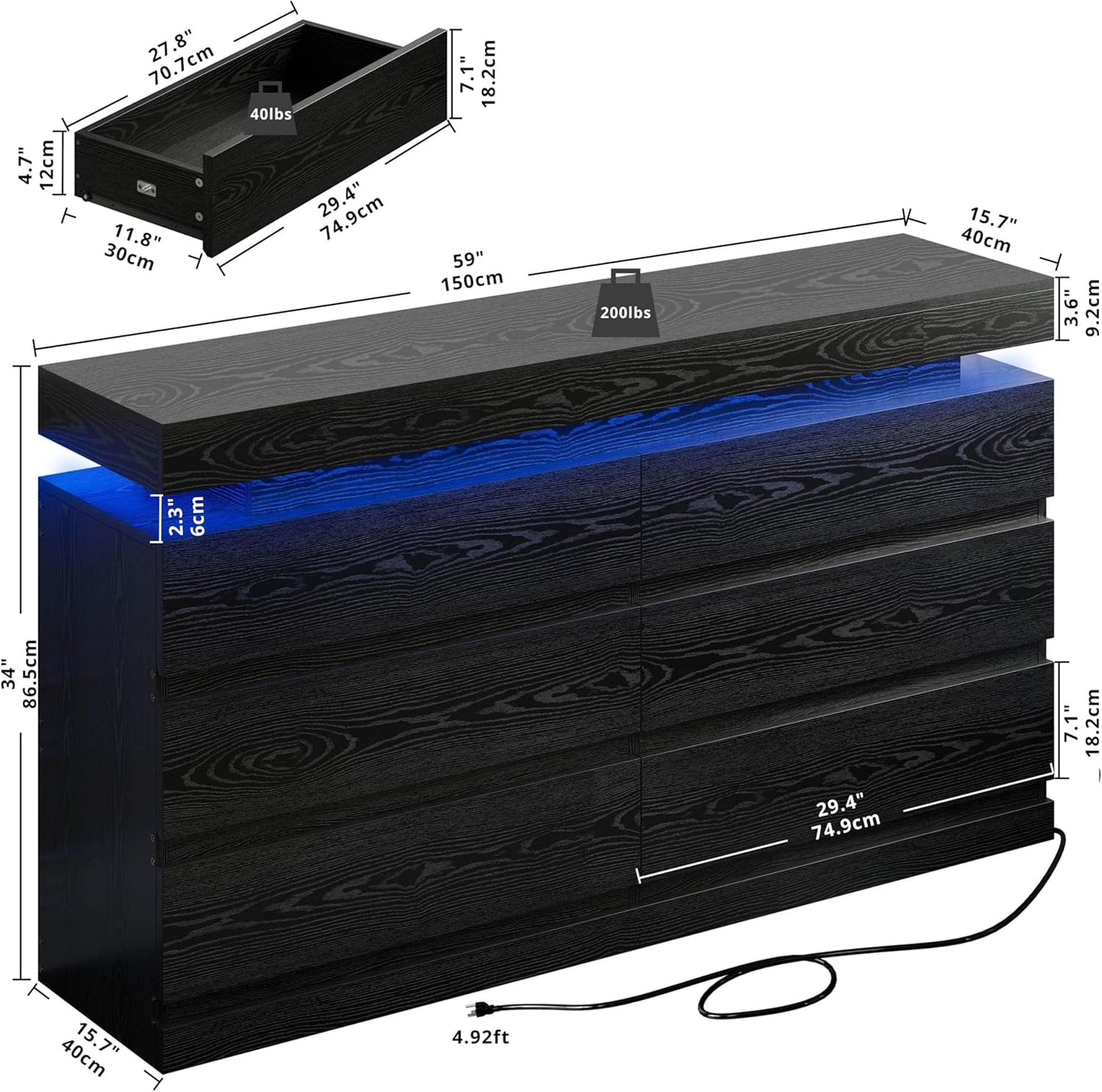 59" 6-Drawer Modern Dresser with LED Lighting & Power Strip – Large Black Wooden Storage Cabinet for Bedroom, Living Room, Office