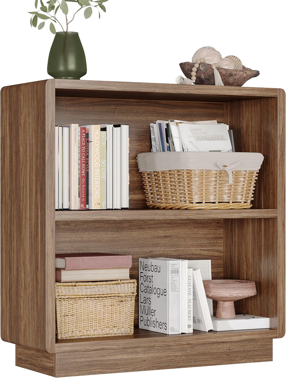 2-Tier Wooden Bookcase – Small Farmhouse Bookshelf with Open Storage, Brown Walnut Finish